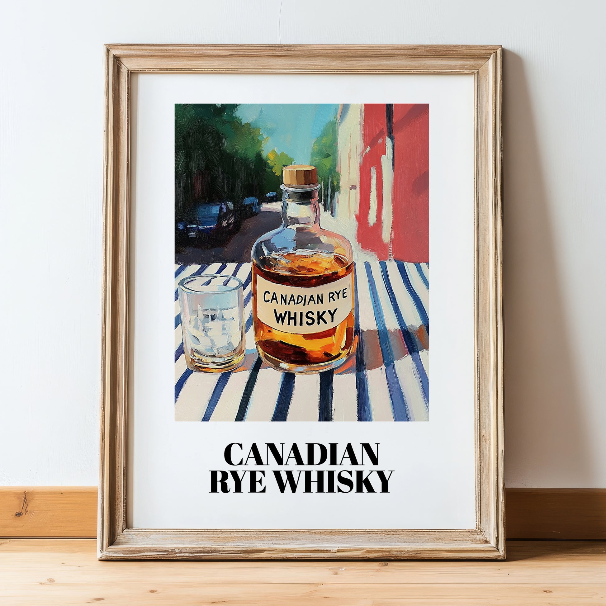 Canadian Rye Whisky – Canadian Café on the Corner, Canadian Whiskey Print, in wooden frame leaning on the floor