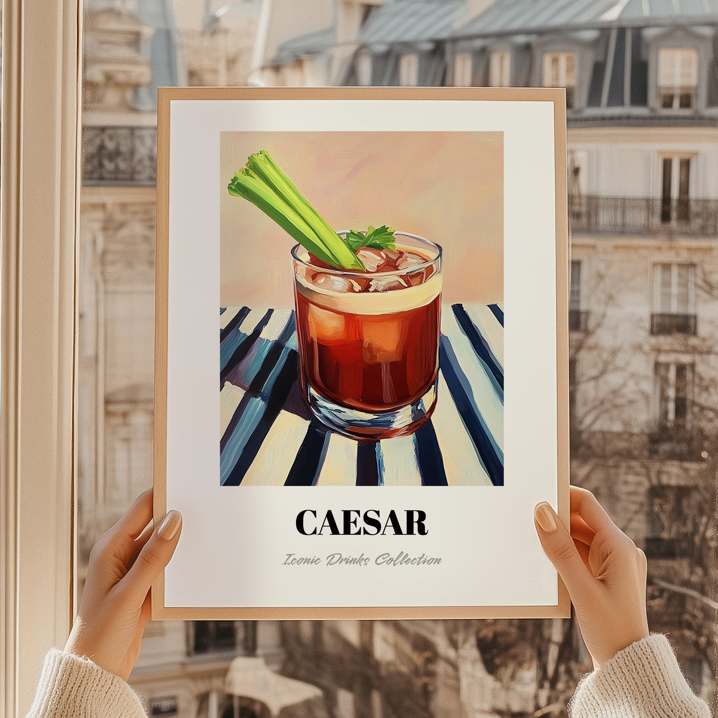 Caesar – on Striped Tablecloth, Canadian Whiskey Still Life, styled in a charming Paris street view