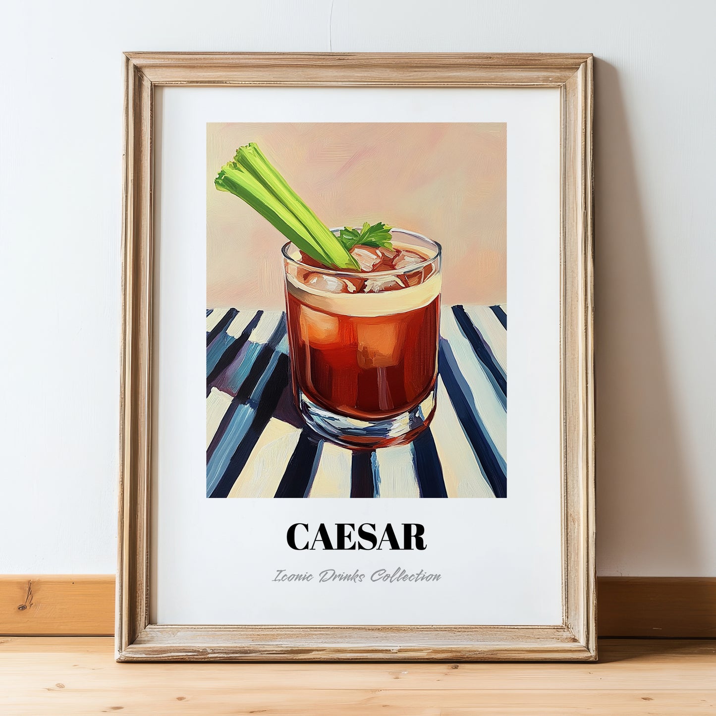 Caesar – on Striped Tablecloth, Canadian Whiskey Still Life, in wooden frame leaning on the floor