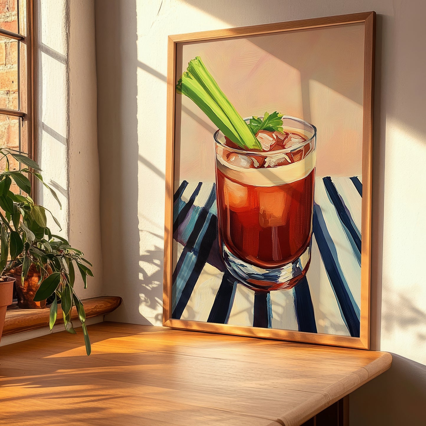 Caesar – on Striped Tablecloth, Canadian Whiskey Still Life, clean layout with no caption