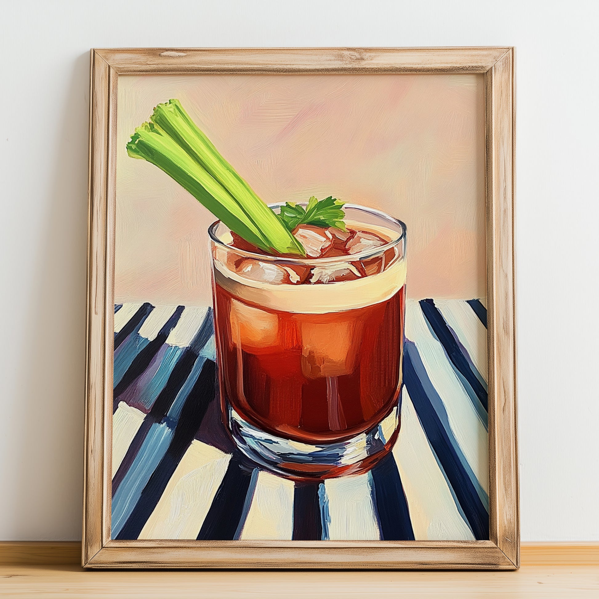 Caesar – on Striped Tablecloth, Canadian Whiskey Still Life, no-text version framed in wood