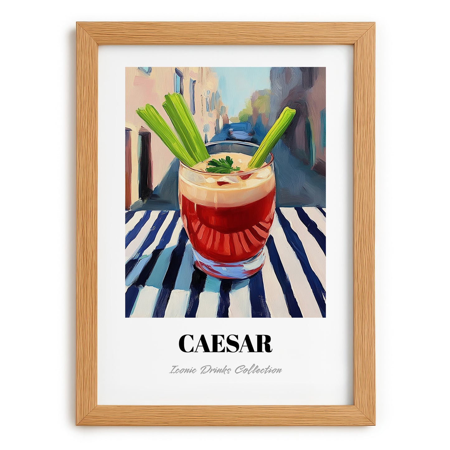 Caesar – Canadian Outdoor Café Scene, Canadian Cocktail Print, set in oak frame