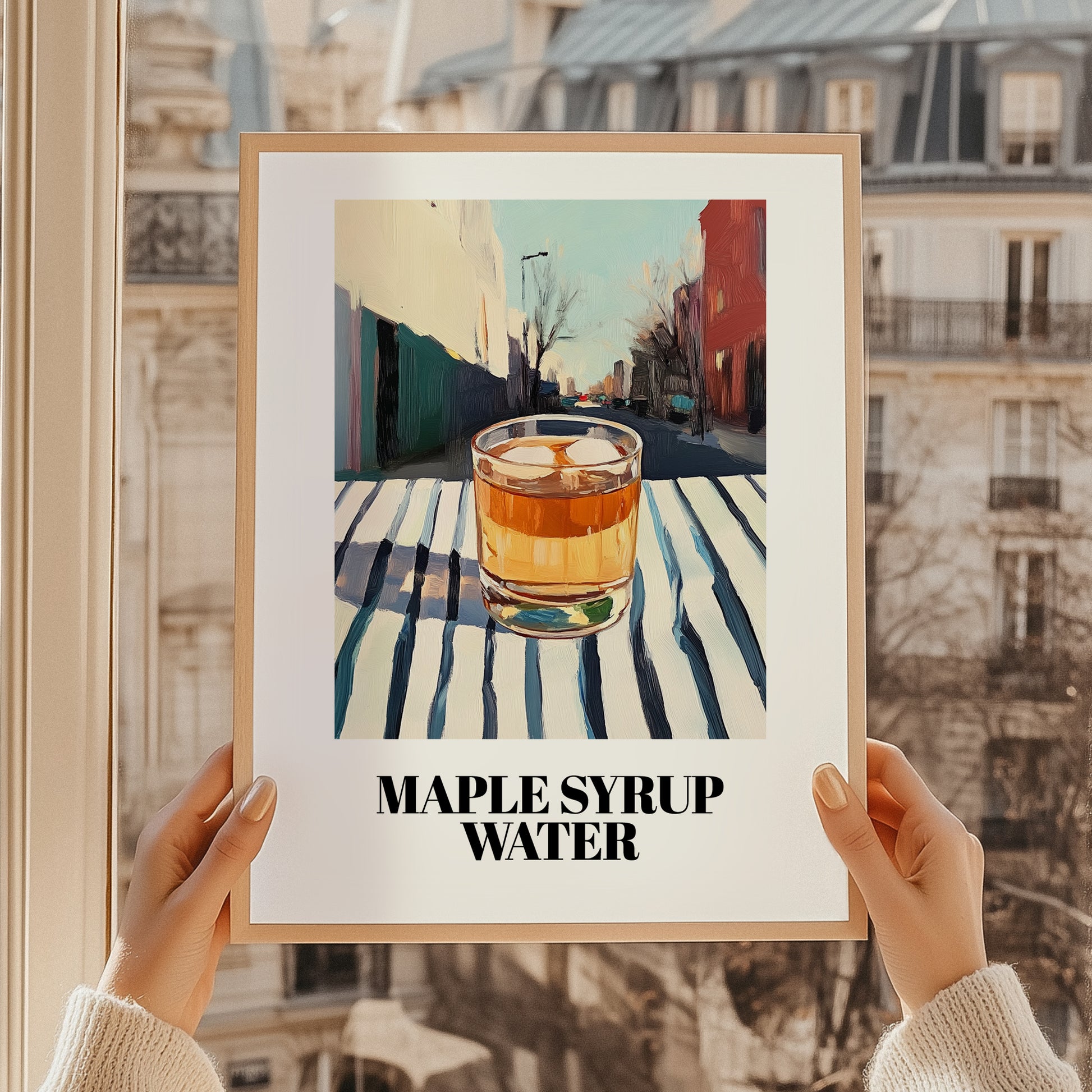 Maple Syrup Water – Canadian Urban Café Scene, Canadian Cocktail Illustration, styled in a charming Paris street view