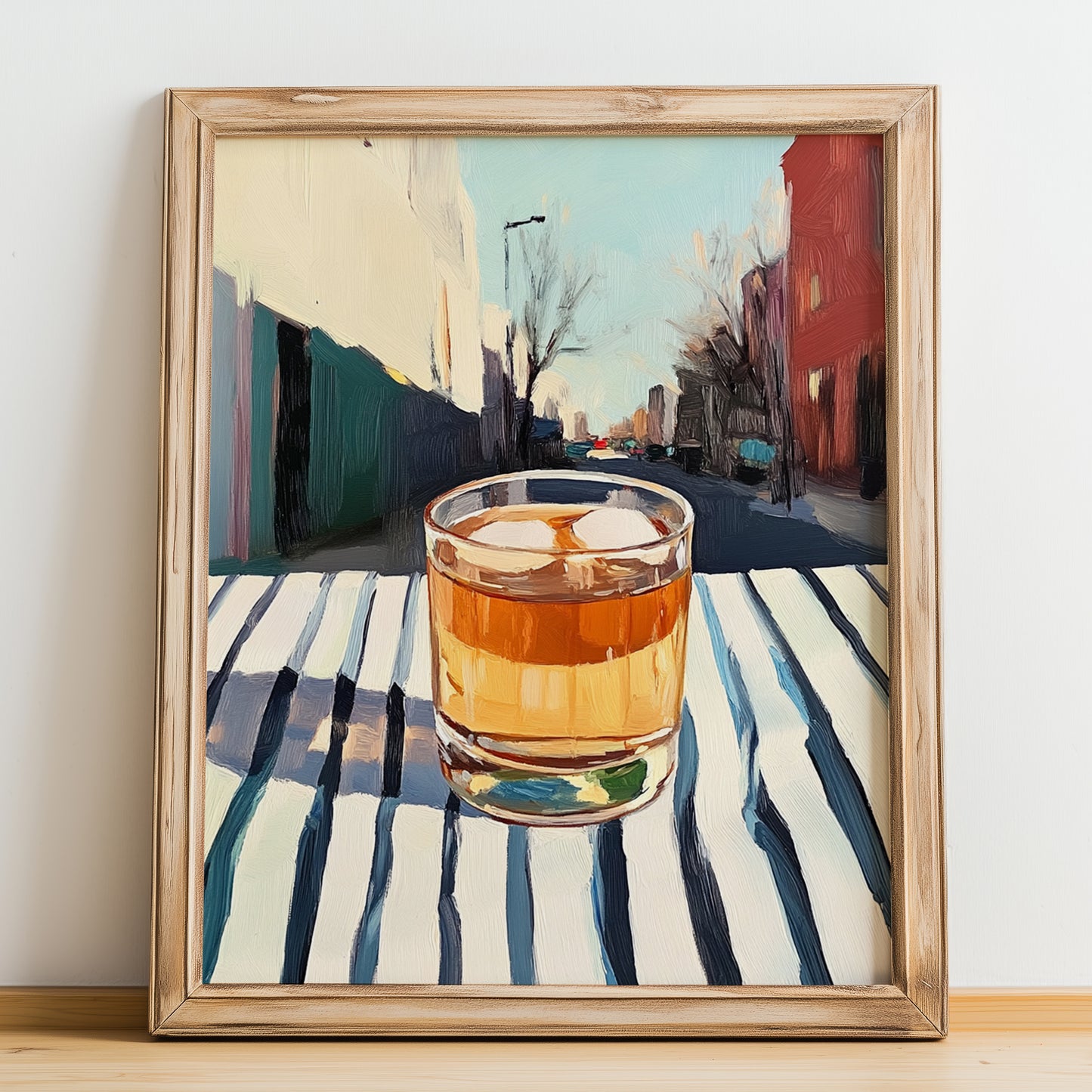 Maple Syrup Water – Canadian Urban Café Scene, Canadian Cocktail Illustration, no-text version framed in wood