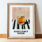 Maple Syrup Water – on Striped Tablecloth, Canadian Beverage Print, in wooden frame leaning on the floor