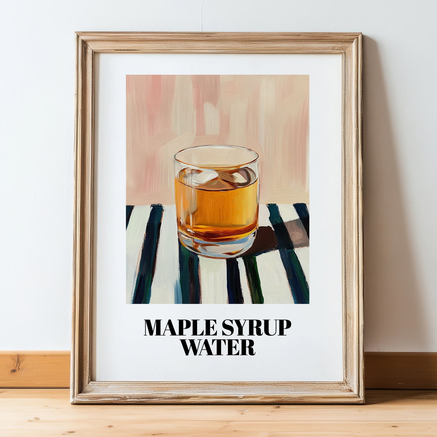 Maple Syrup Water – on Striped Tablecloth, Canadian Beverage Print, in wooden frame leaning on the floor
