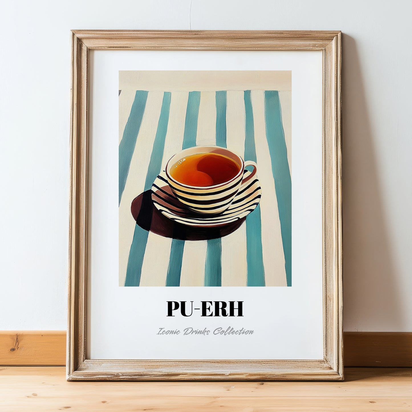 Baijiu – on Striped Tablecloth, Chinese Beverage Poster, in wooden frame leaning on the floor