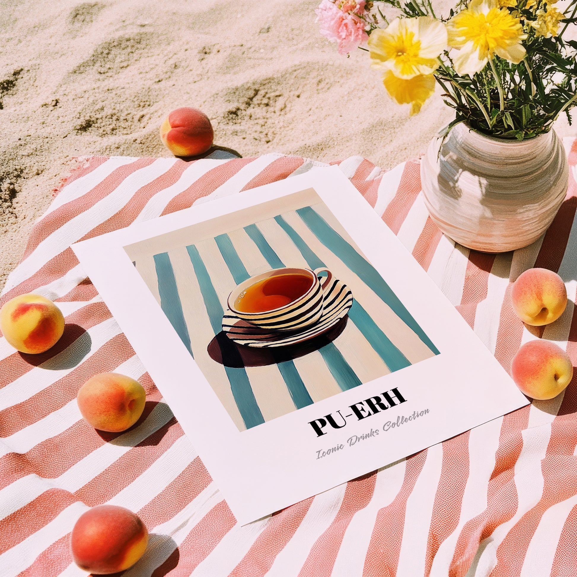 Baijiu – on Striped Tablecloth, Chinese Beverage Poster, unframed on coastal sand