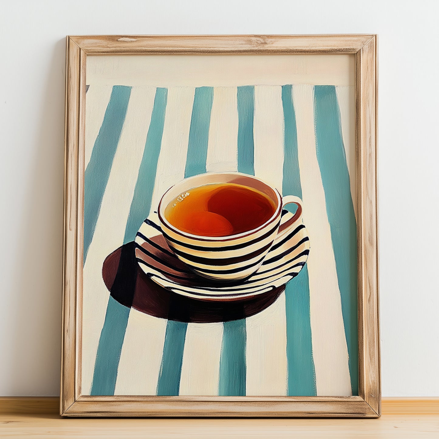 Baijiu – on Striped Tablecloth, Chinese Beverage Poster, no-text version framed in wood