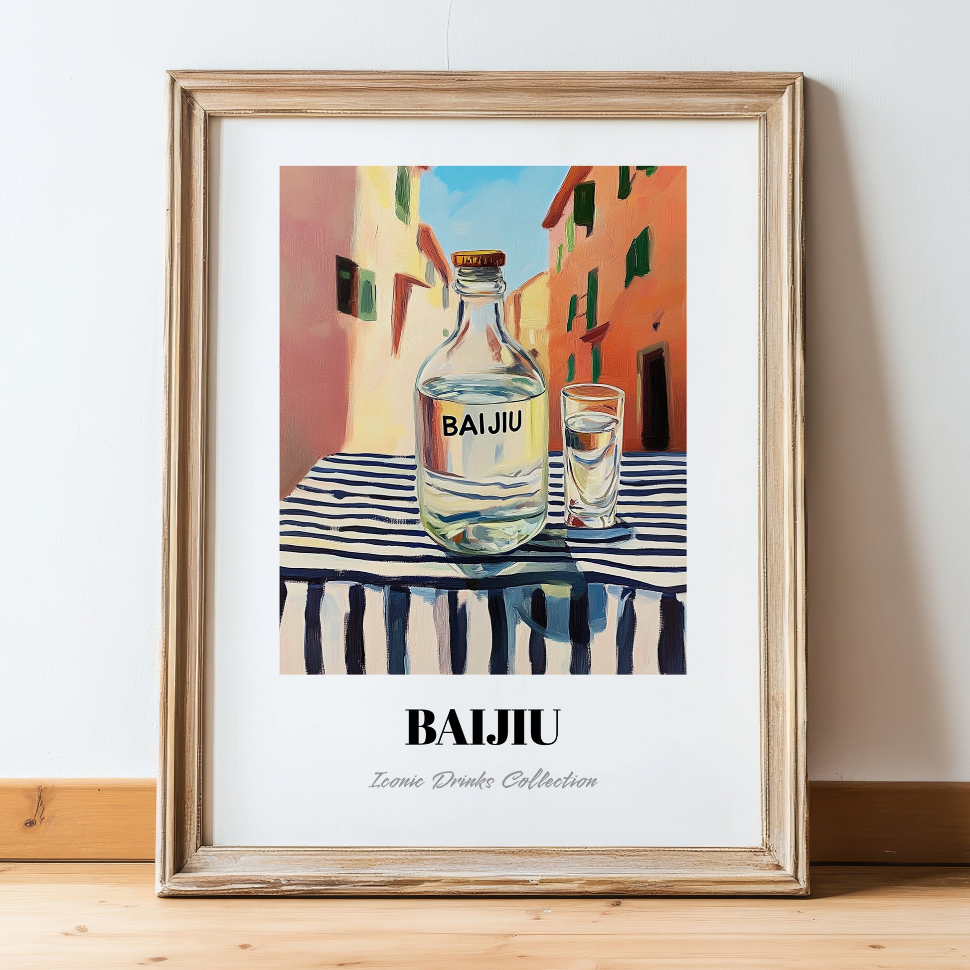 Pu-erh Tea – Chinese Urban Café Scene, Chinese Tea Poster, in wooden frame leaning on the floor