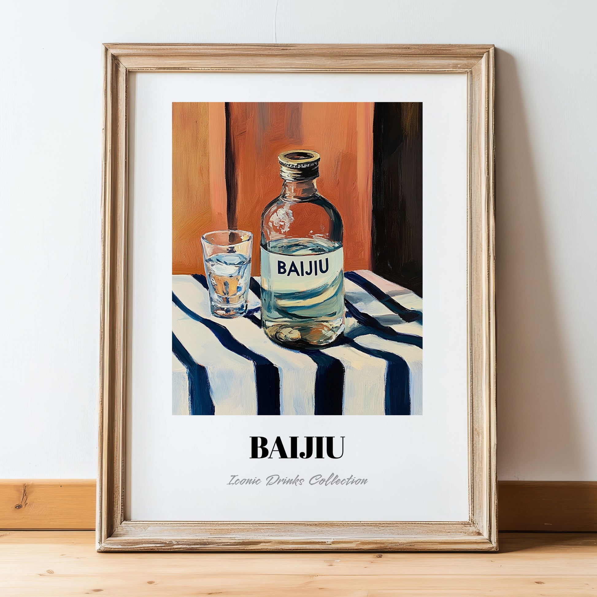 Pu-erh Tea – on Striped Tablecloth, Chinese Spirit Painting, in wooden frame leaning on the floor