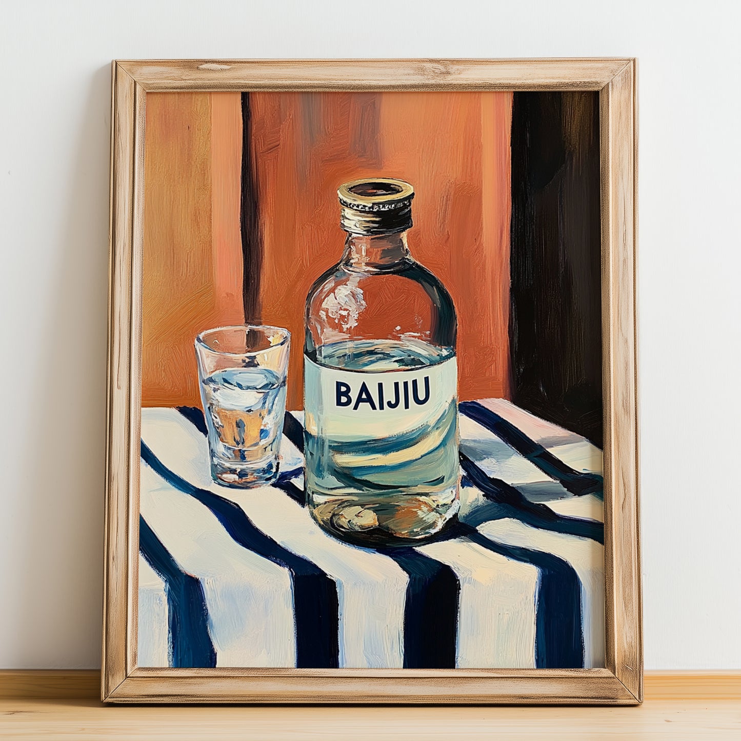 Pu-erh Tea – on Striped Tablecloth, Chinese Spirit Painting, no-text version framed in wood