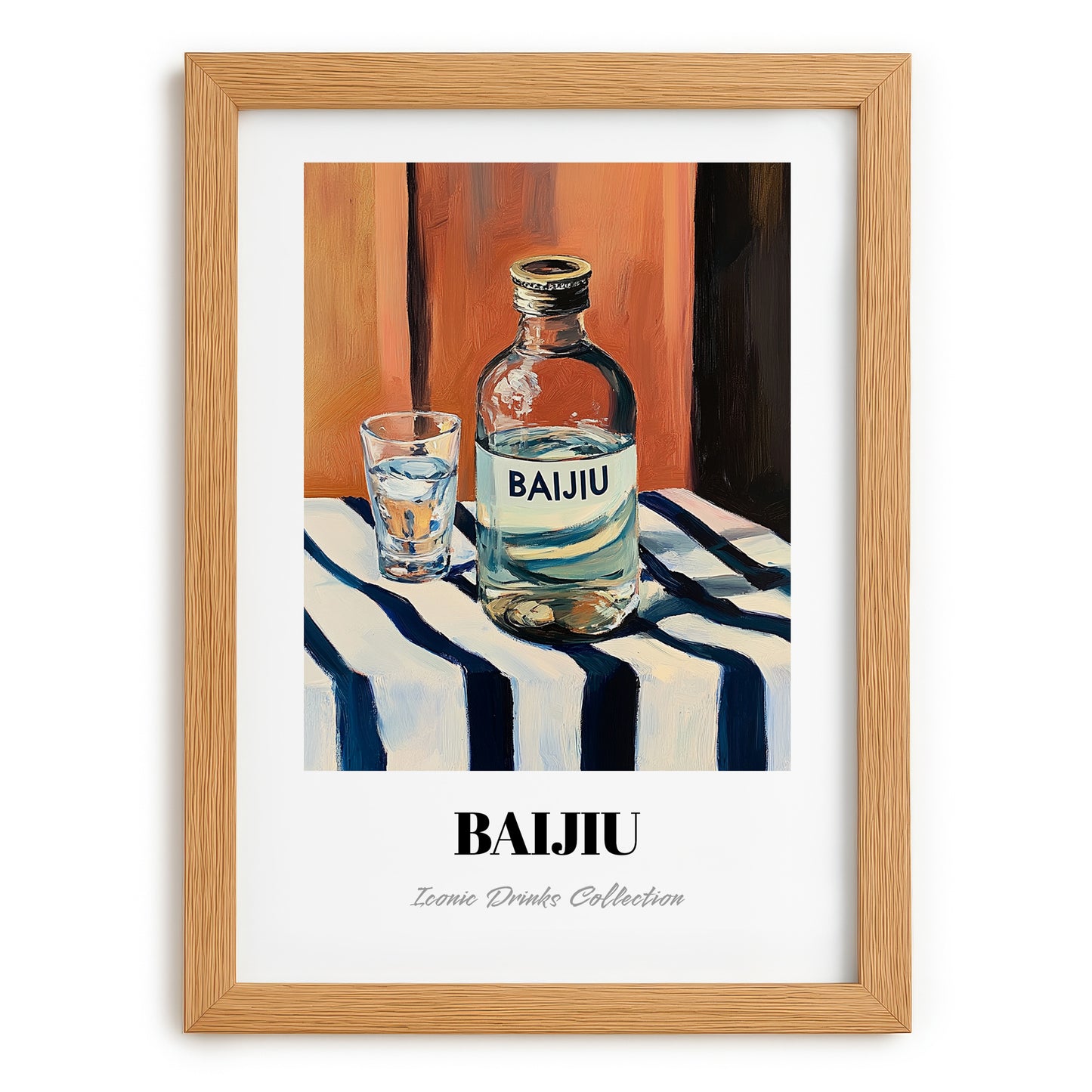 Pu-erh Tea – on Striped Tablecloth, Chinese Spirit Painting, set in oak frame