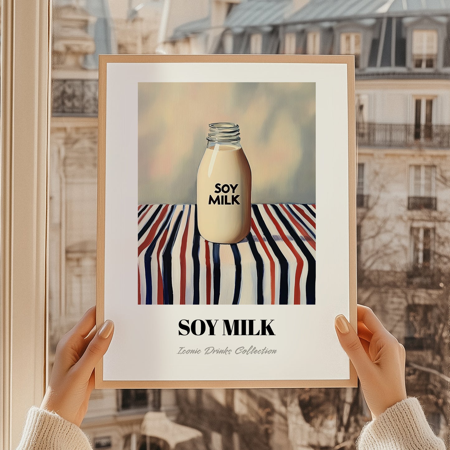 Soy Milk – on Striped Tablecloth, Chinese Beverage Illustration, styled in a charming Paris street view