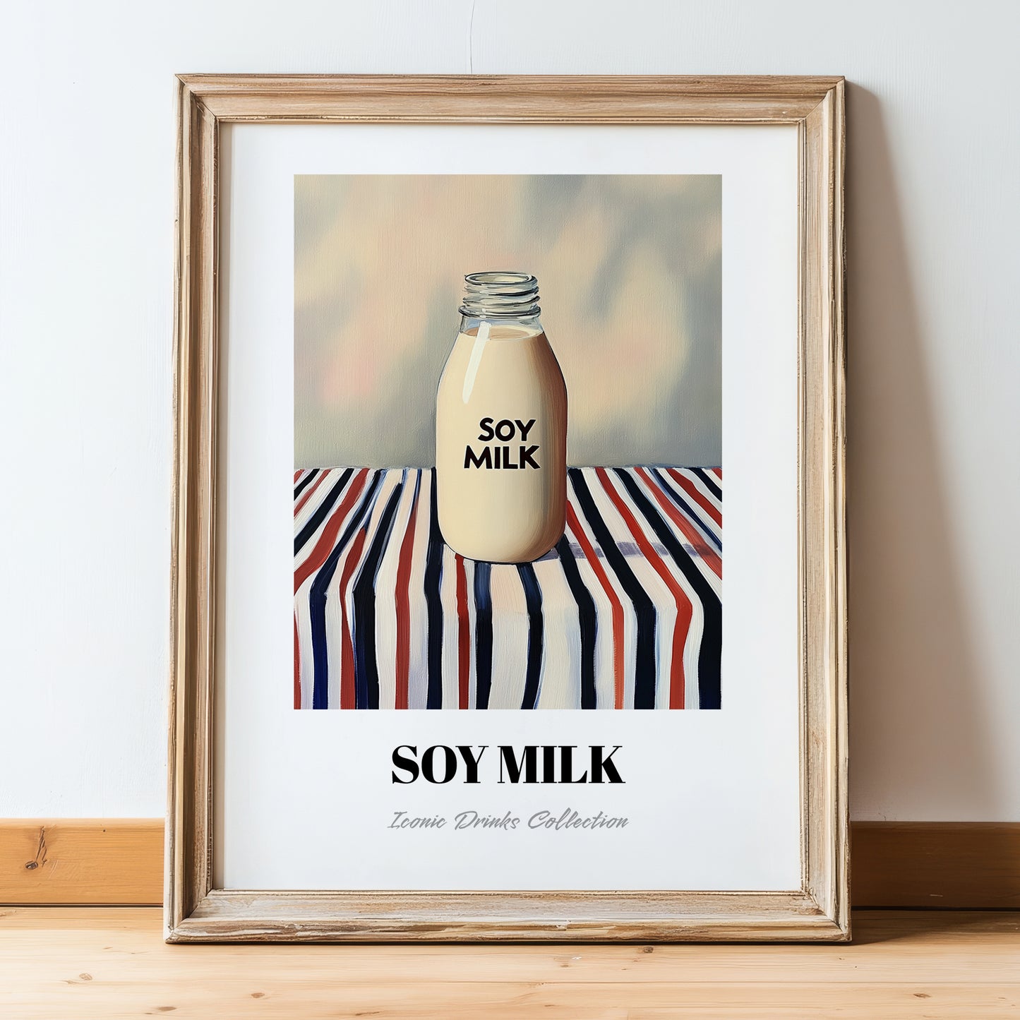 Soy Milk – on Striped Tablecloth, Chinese Beverage Illustration, in wooden frame leaning on the floor