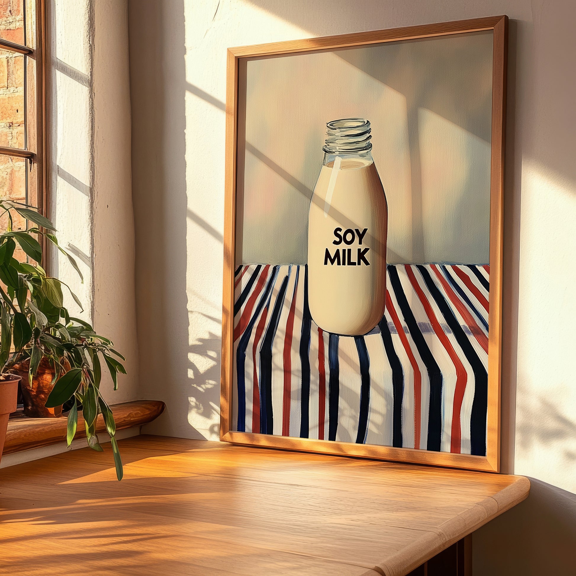 Soy Milk – on Striped Tablecloth, Chinese Beverage Illustration, clean layout with no caption