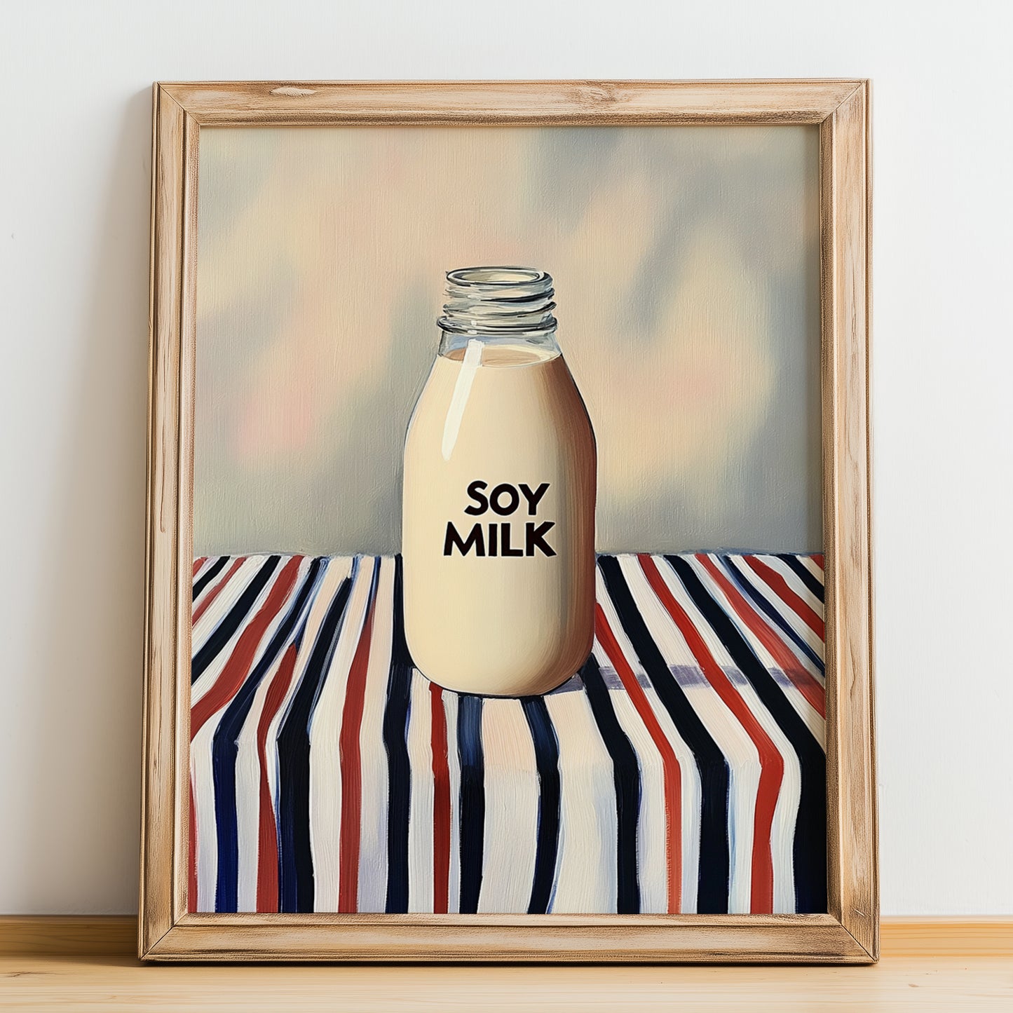 Soy Milk – on Striped Tablecloth, Chinese Beverage Illustration, no-text version framed in wood