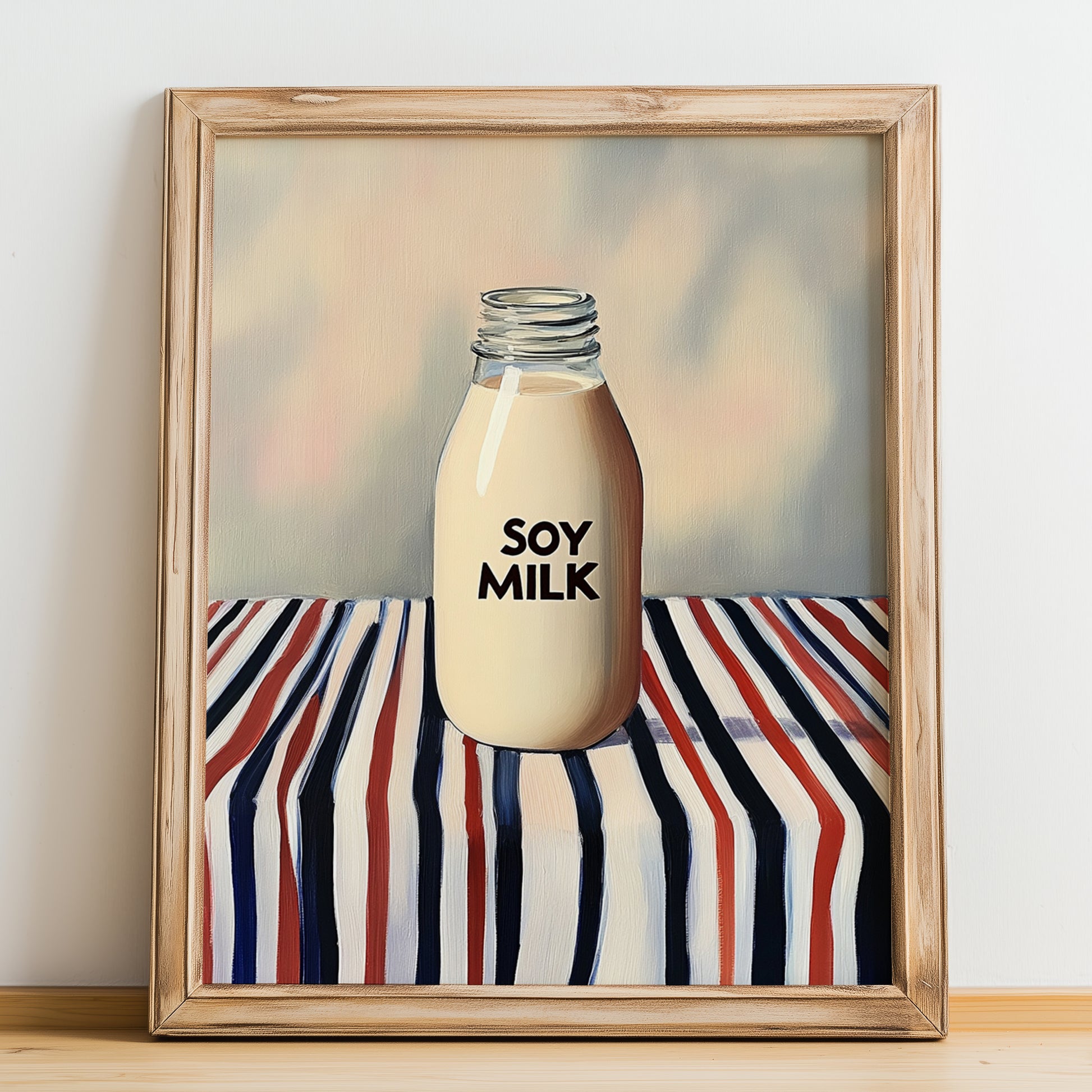 Soy Milk – on Striped Tablecloth, Chinese Beverage Illustration, no-text version framed in wood