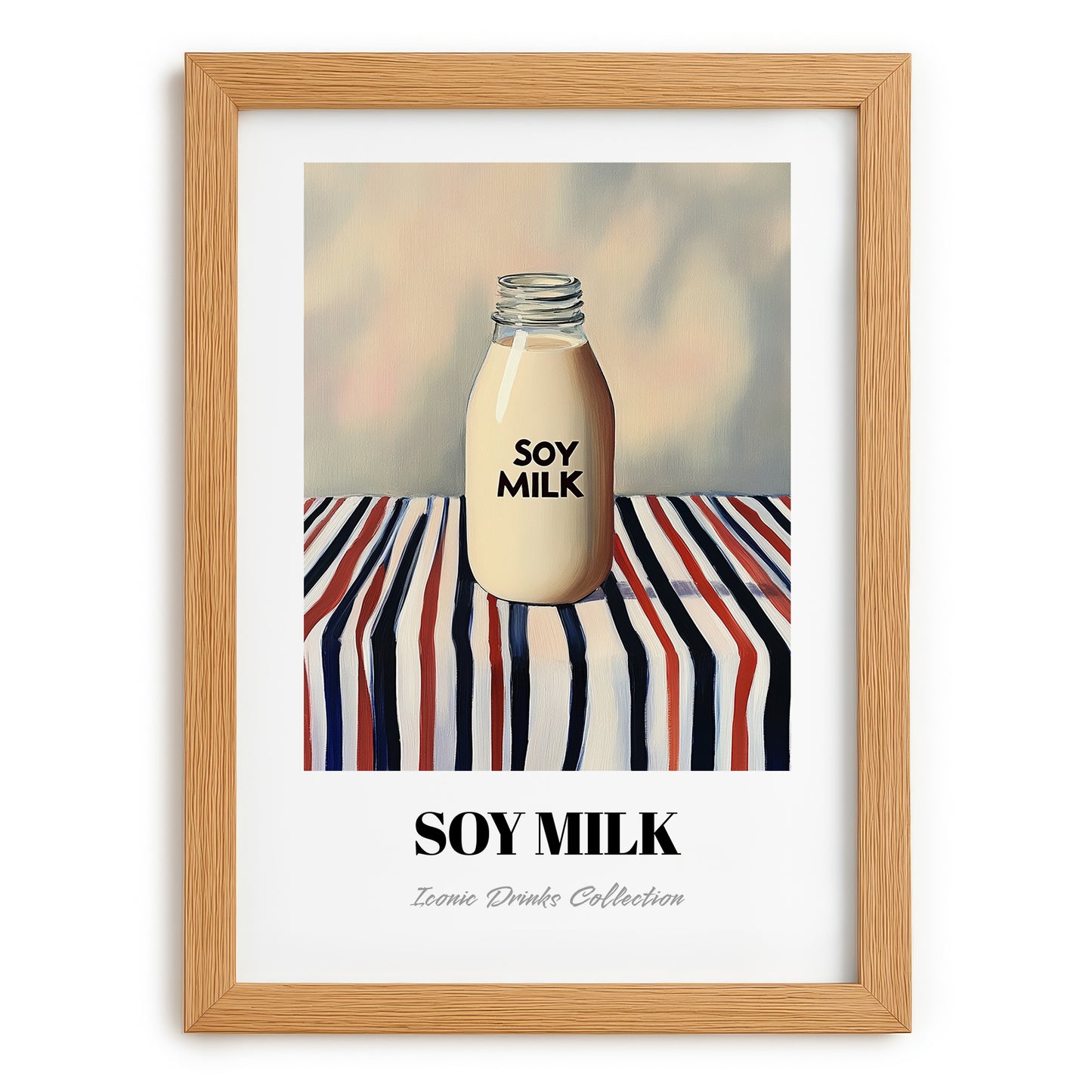 Soy Milk – on Striped Tablecloth, Chinese Beverage Illustration, set in oak frame