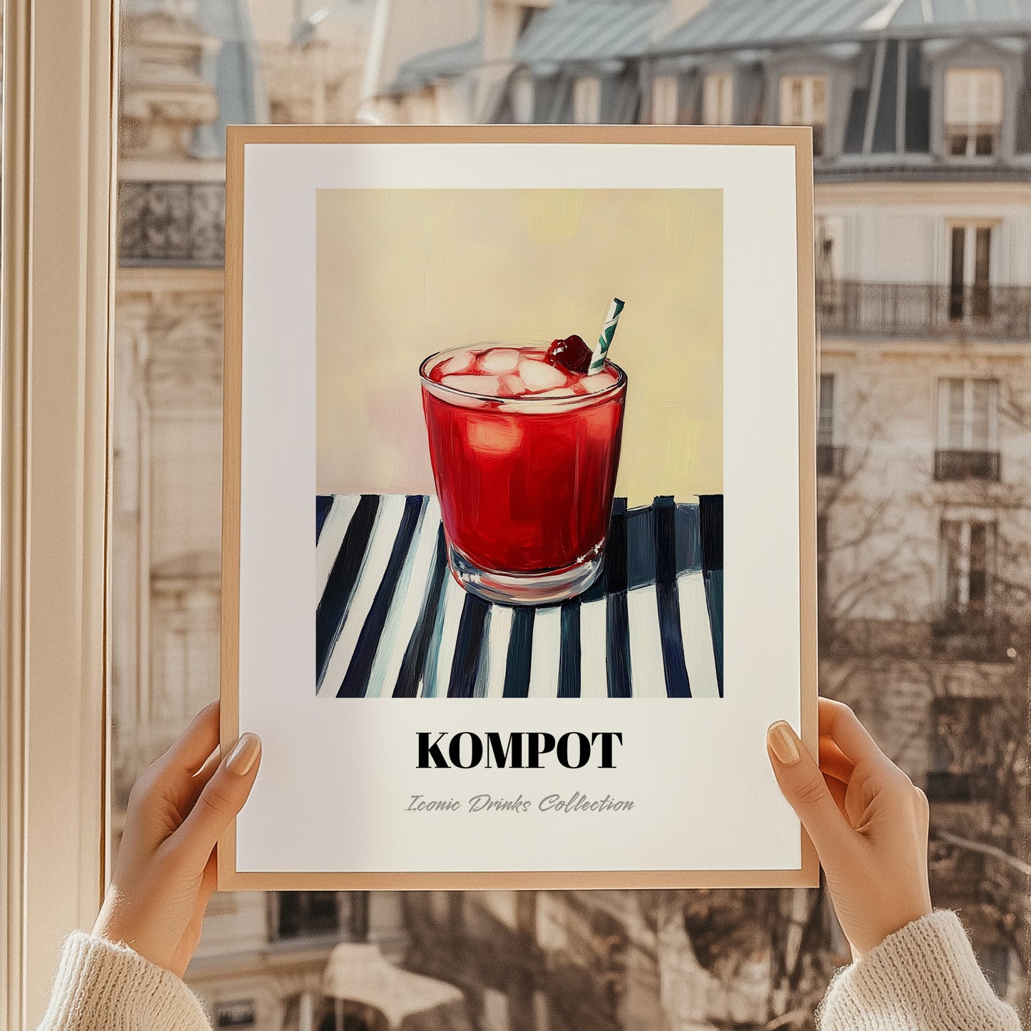 Kompot – on Striped Tablecloth, Polish Beverage Wall Decor, styled in a charming Paris street view