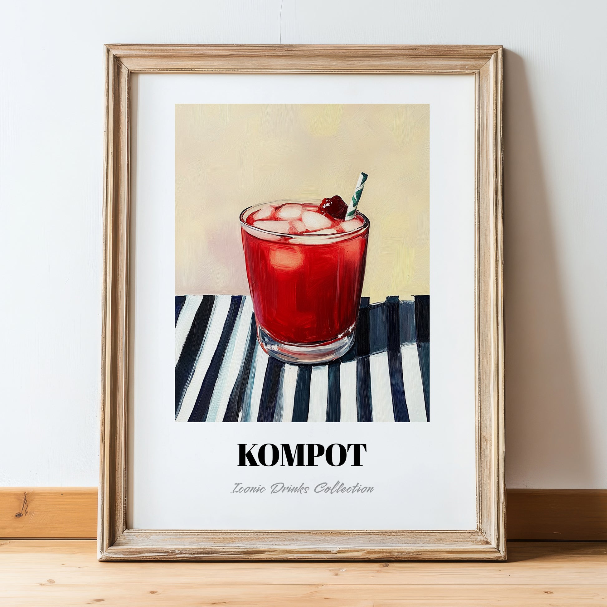Kompot – on Striped Tablecloth, Polish Beverage Wall Decor, in wooden frame leaning on the floor