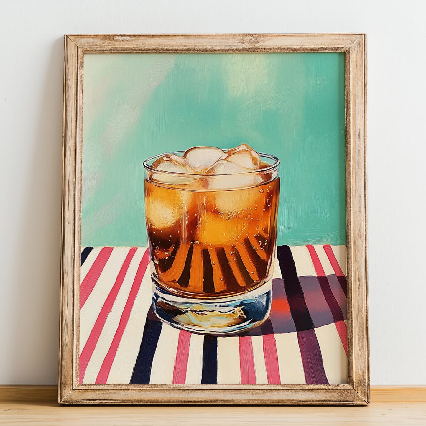 Kvass – on Striped Tablecloth, Polish Beverage Illustration, no-text version framed in wood