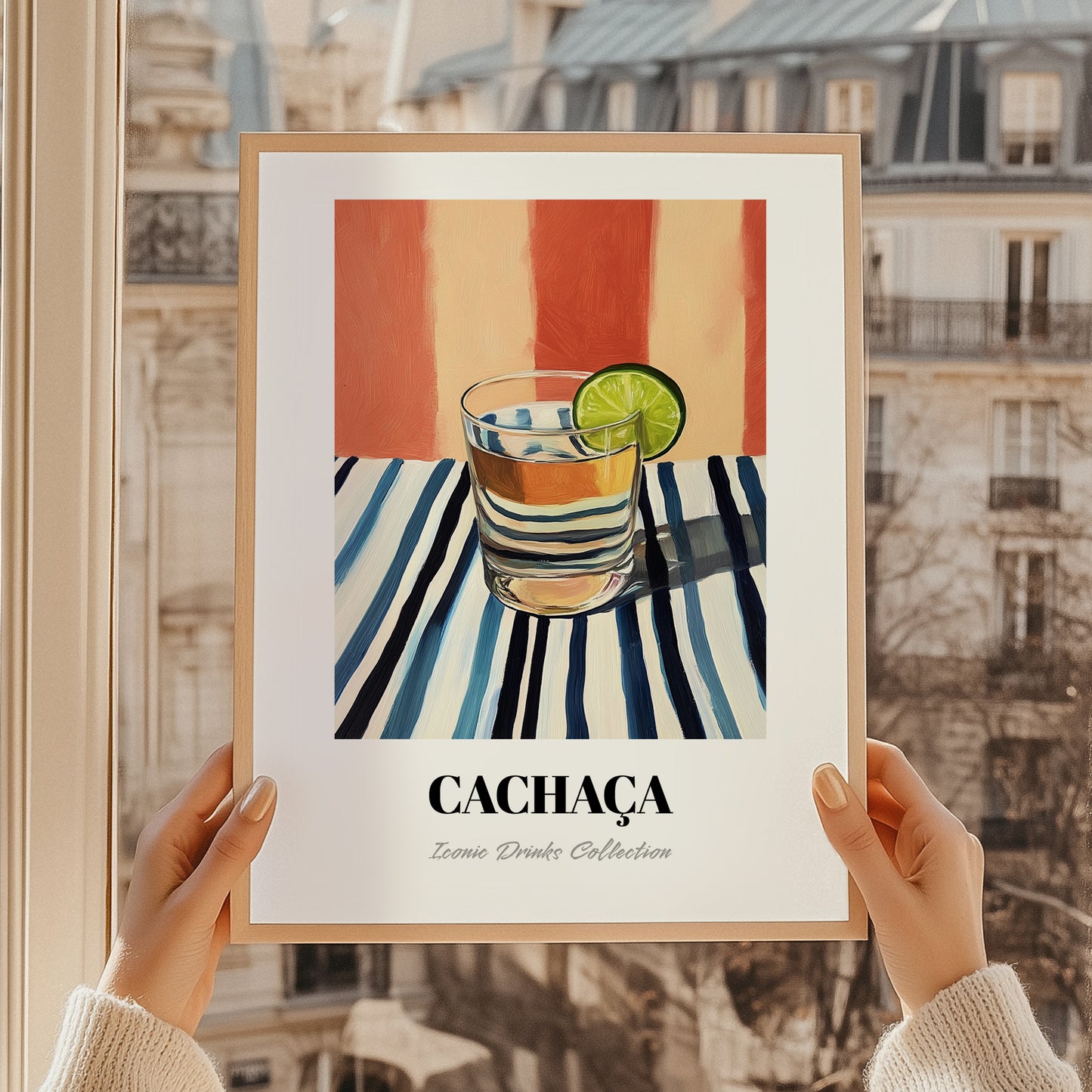 Cachaça – on Striped Tablecloth, Brazilian Beverage Wall Decor, styled in a charming Paris street view