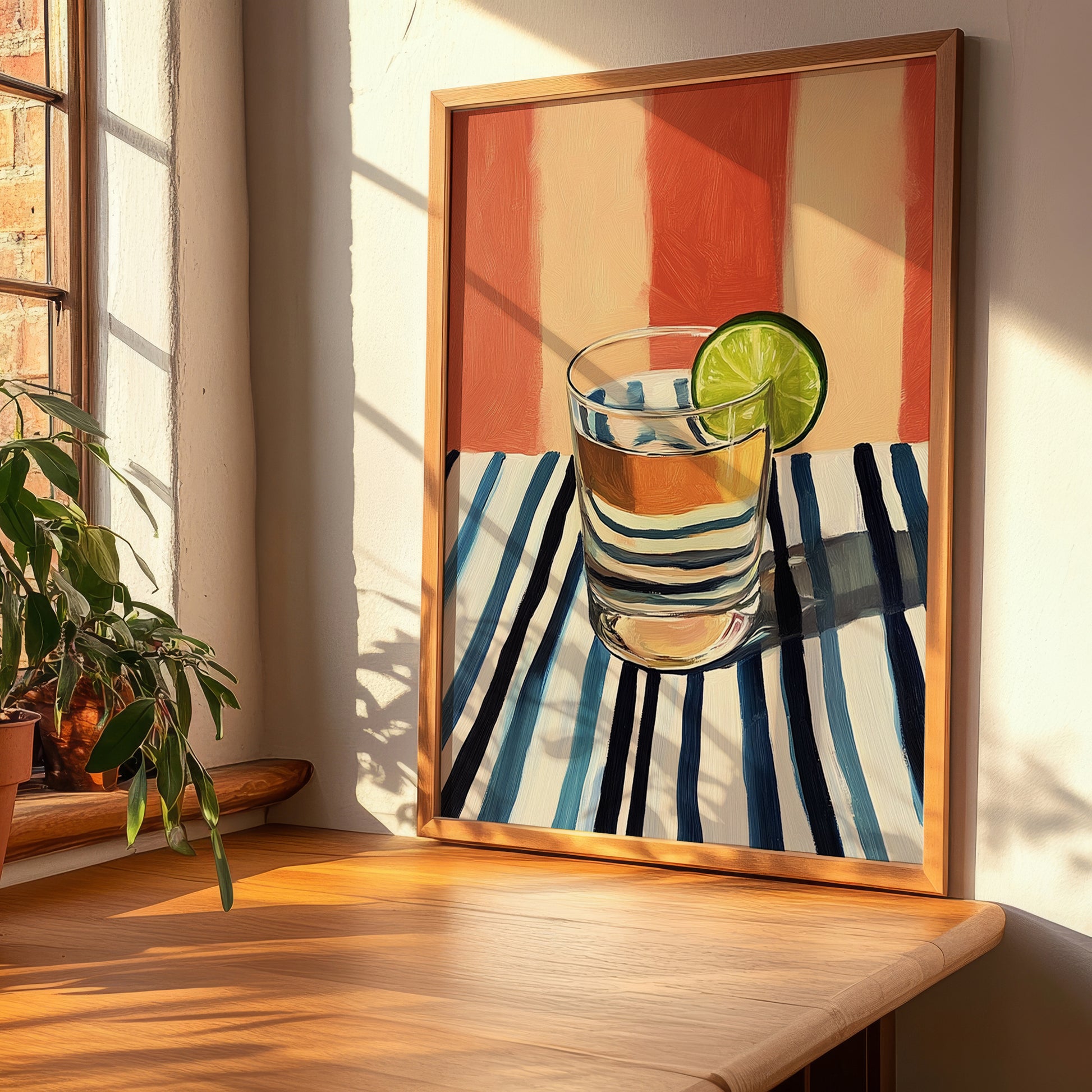 Cachaça – on Striped Tablecloth, Brazilian Beverage Wall Decor, clean layout with no caption
