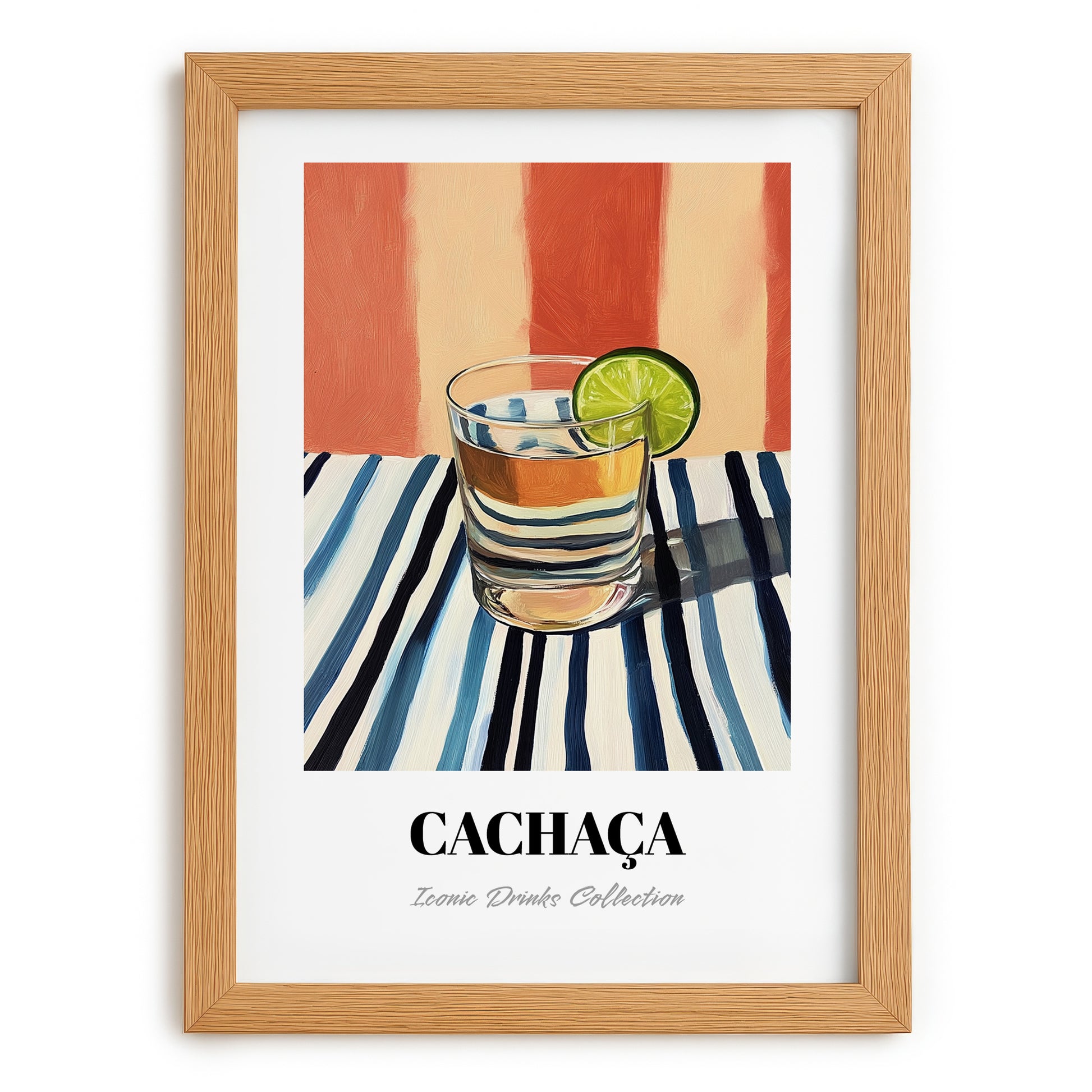 Cachaça – on Striped Tablecloth, Brazilian Beverage Wall Decor, set in oak frame
