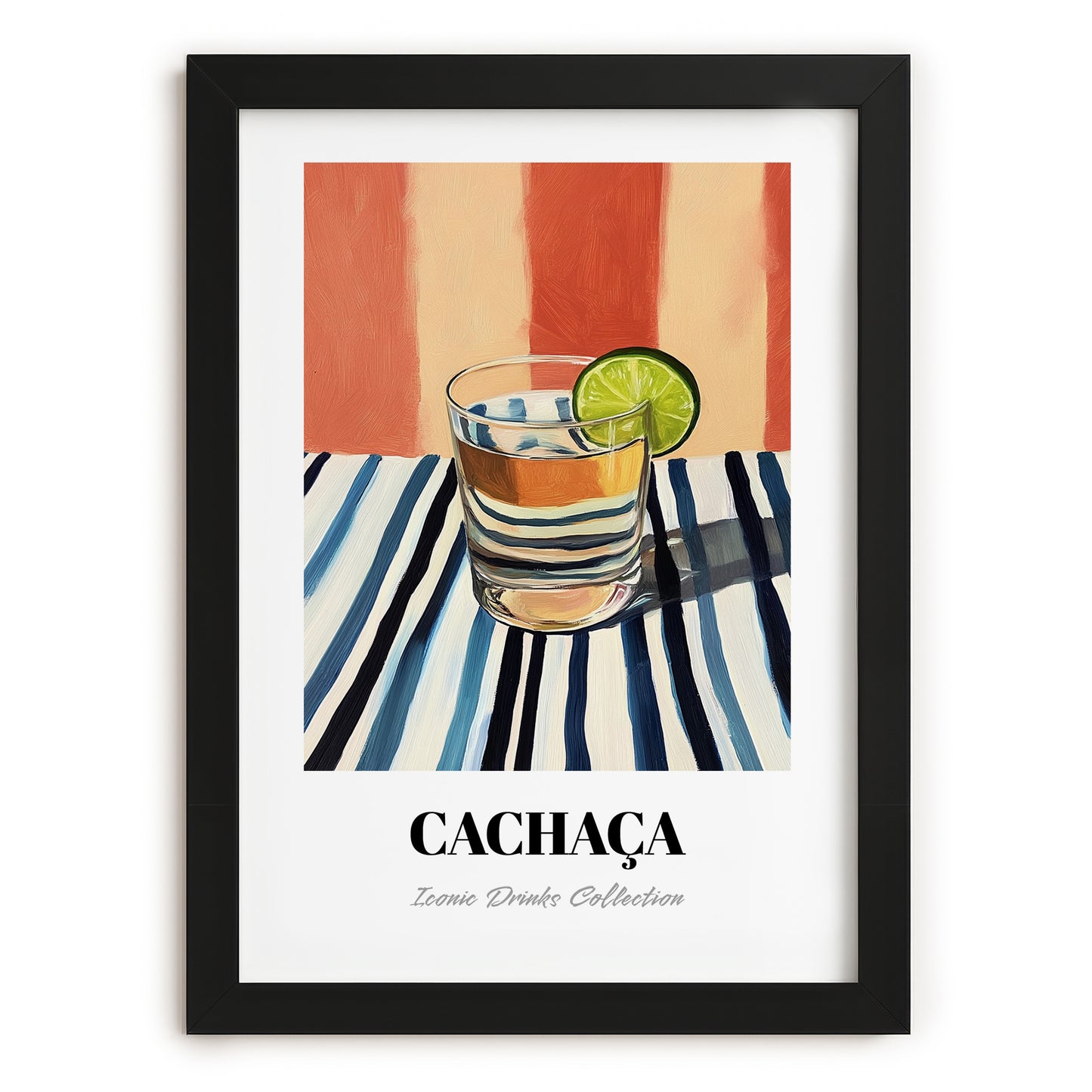 Cachaça – on Striped Tablecloth, Brazilian Beverage Wall Decor, in sleek black frame