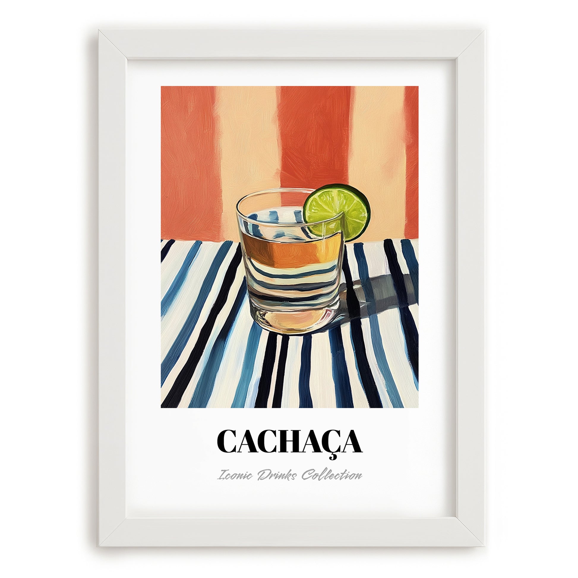 Cachaça – on Striped Tablecloth, Brazilian Beverage Wall Decor, placed in minimal white frame