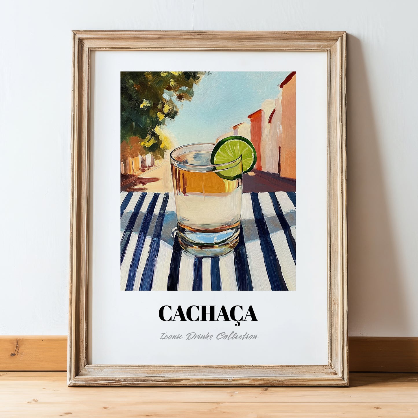 Cachaça – Brazilian Café on the Corner, Brazilian Spirit Print, in wooden frame leaning on the floor