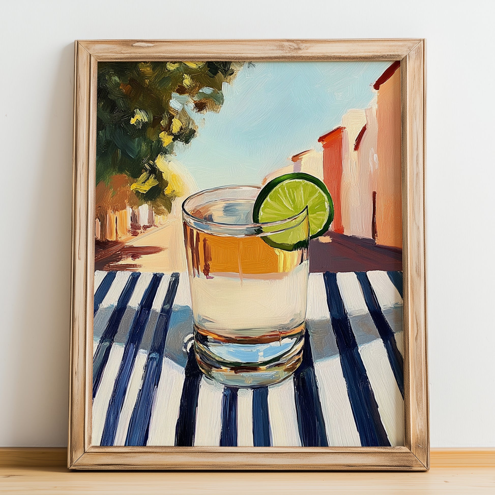 Cachaça – Brazilian Café on the Corner, Brazilian Spirit Print, no-text version framed in wood