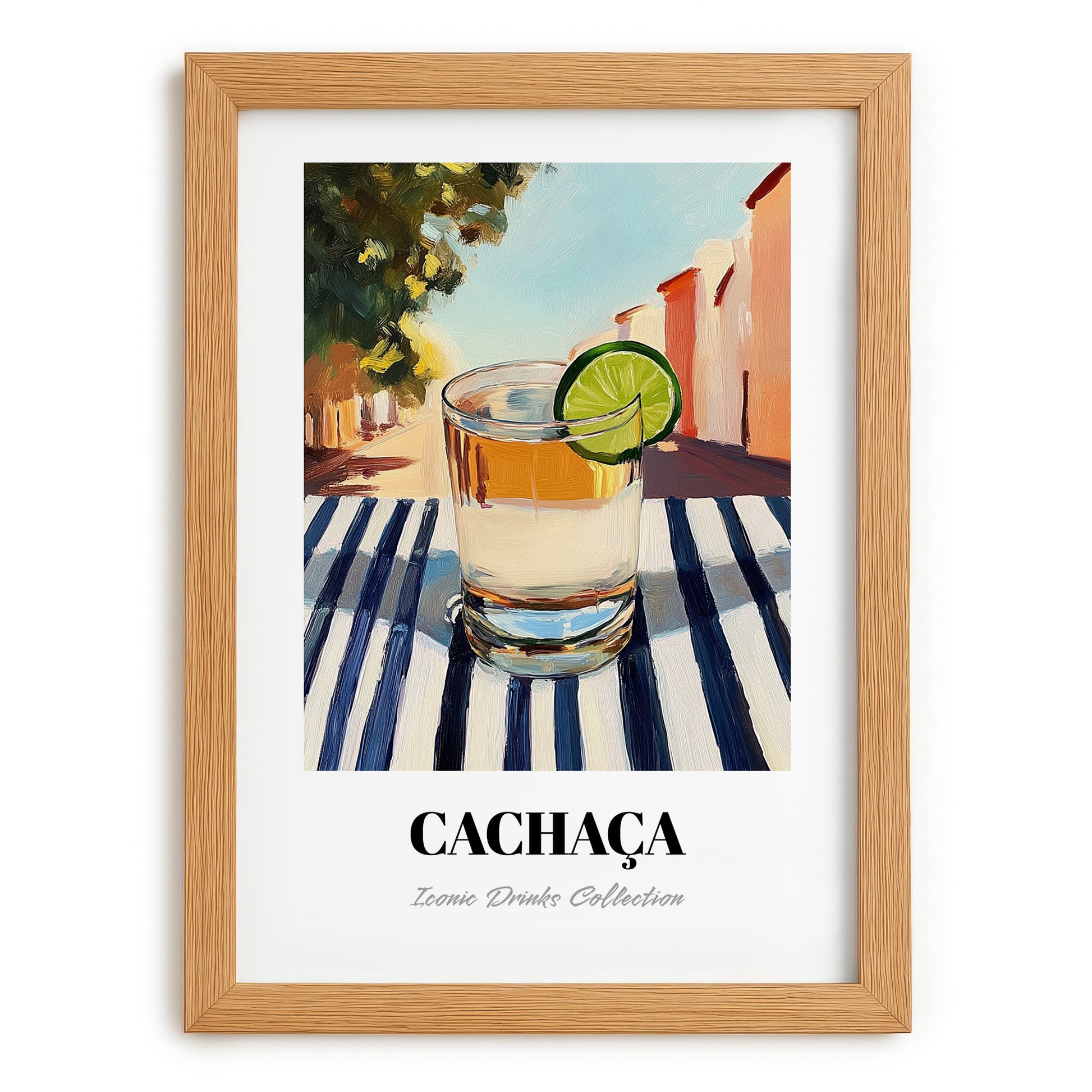 Cachaça – Brazilian Café on the Corner, Brazilian Spirit Print, set in oak frame