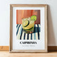 Caipirinha – on Striped Tablecloth, Brazilian Spirit Print, in wooden frame leaning on the floor