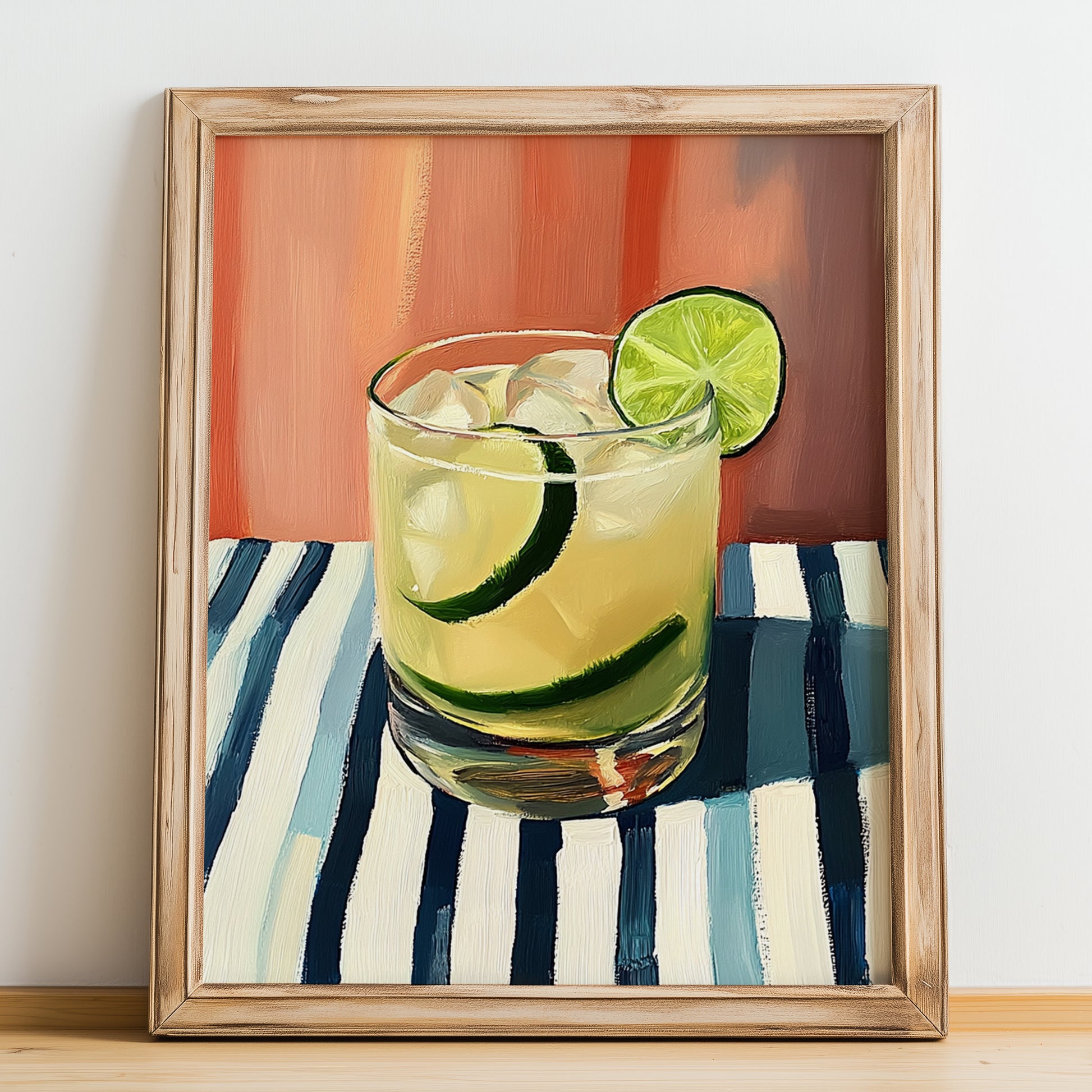Caipirinha – on Striped Tablecloth, Brazilian Spirit Print, no-text version framed in wood