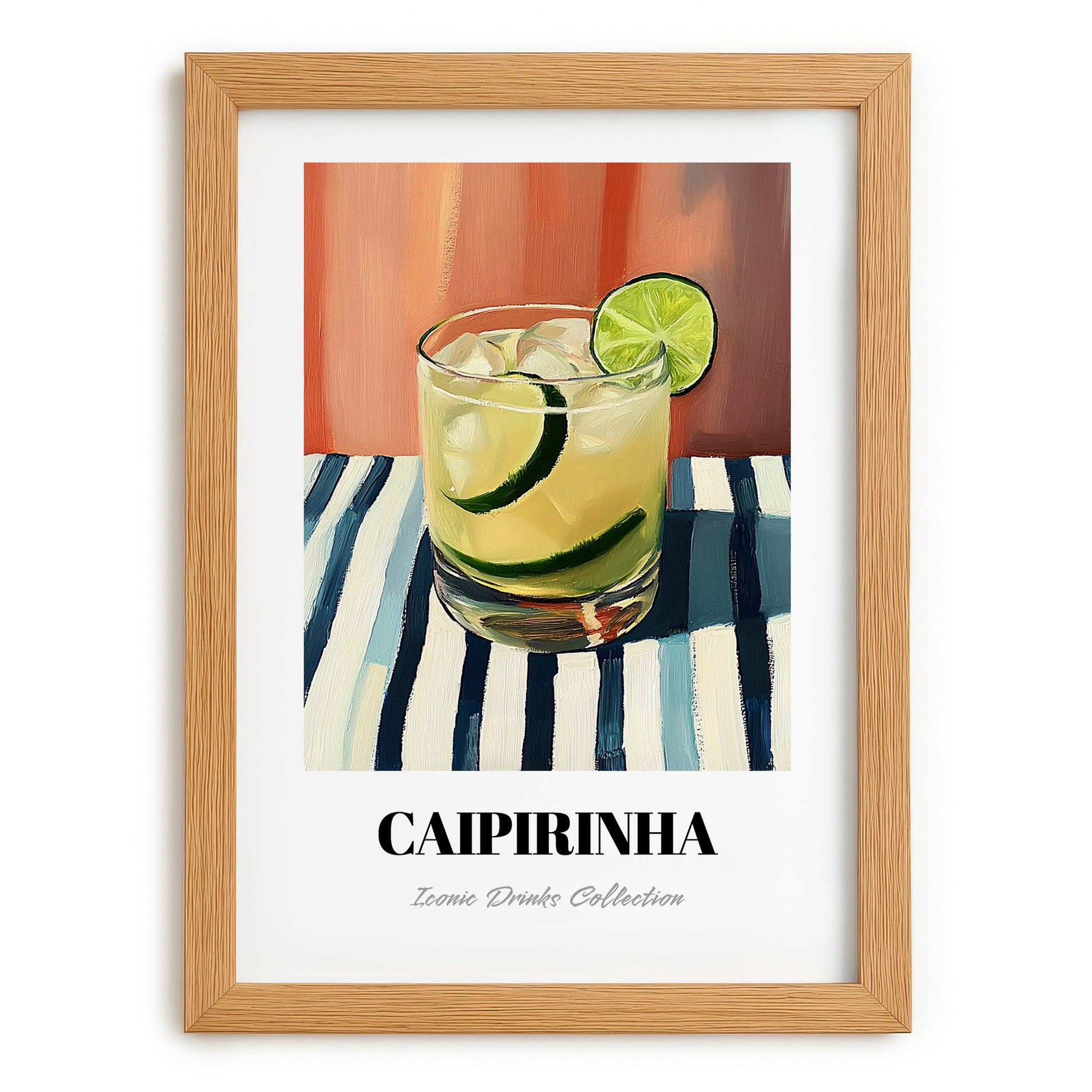 Caipirinha – on Striped Tablecloth, Brazilian Spirit Print, set in oak frame