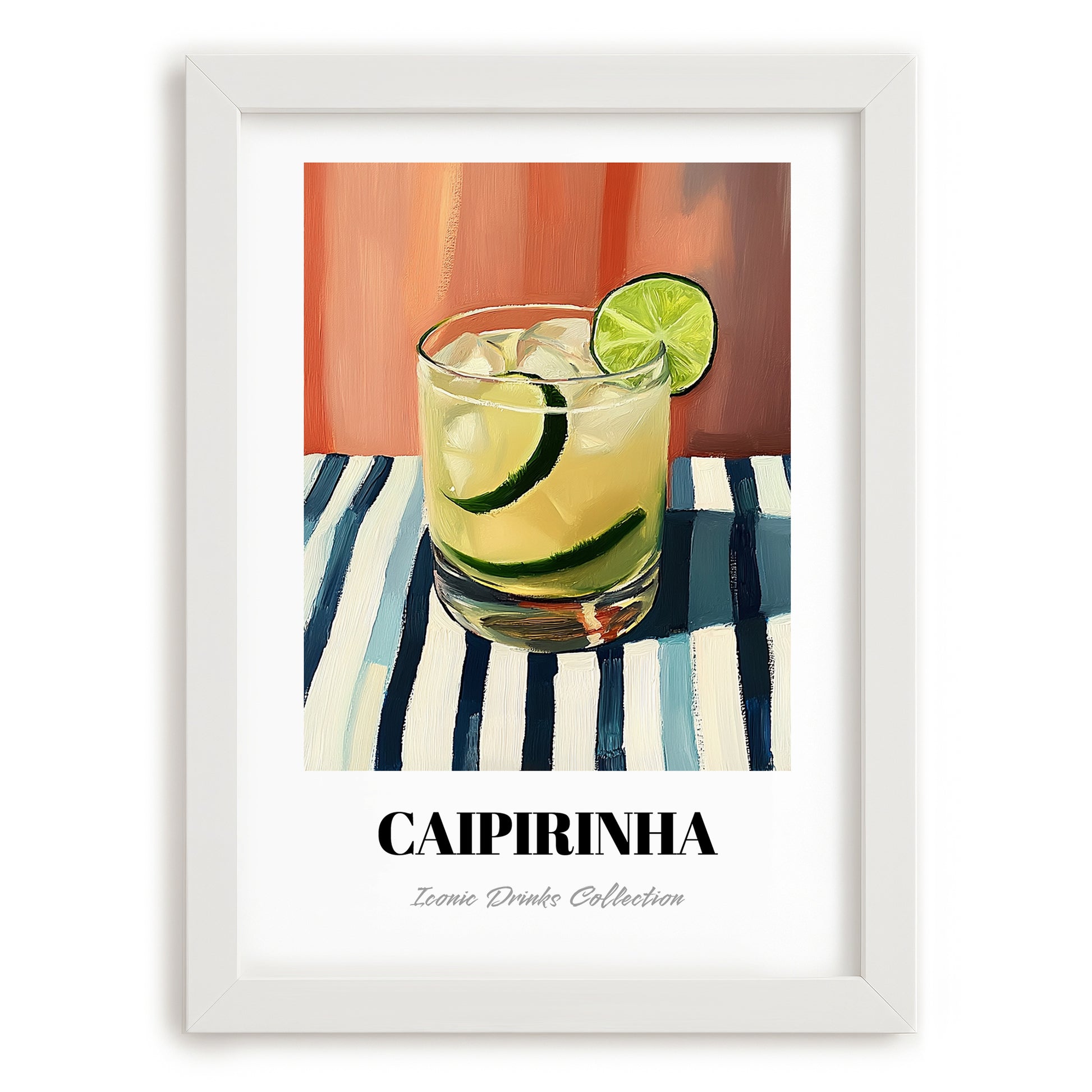 Caipirinha – on Striped Tablecloth, Brazilian Spirit Print, placed in minimal white frame