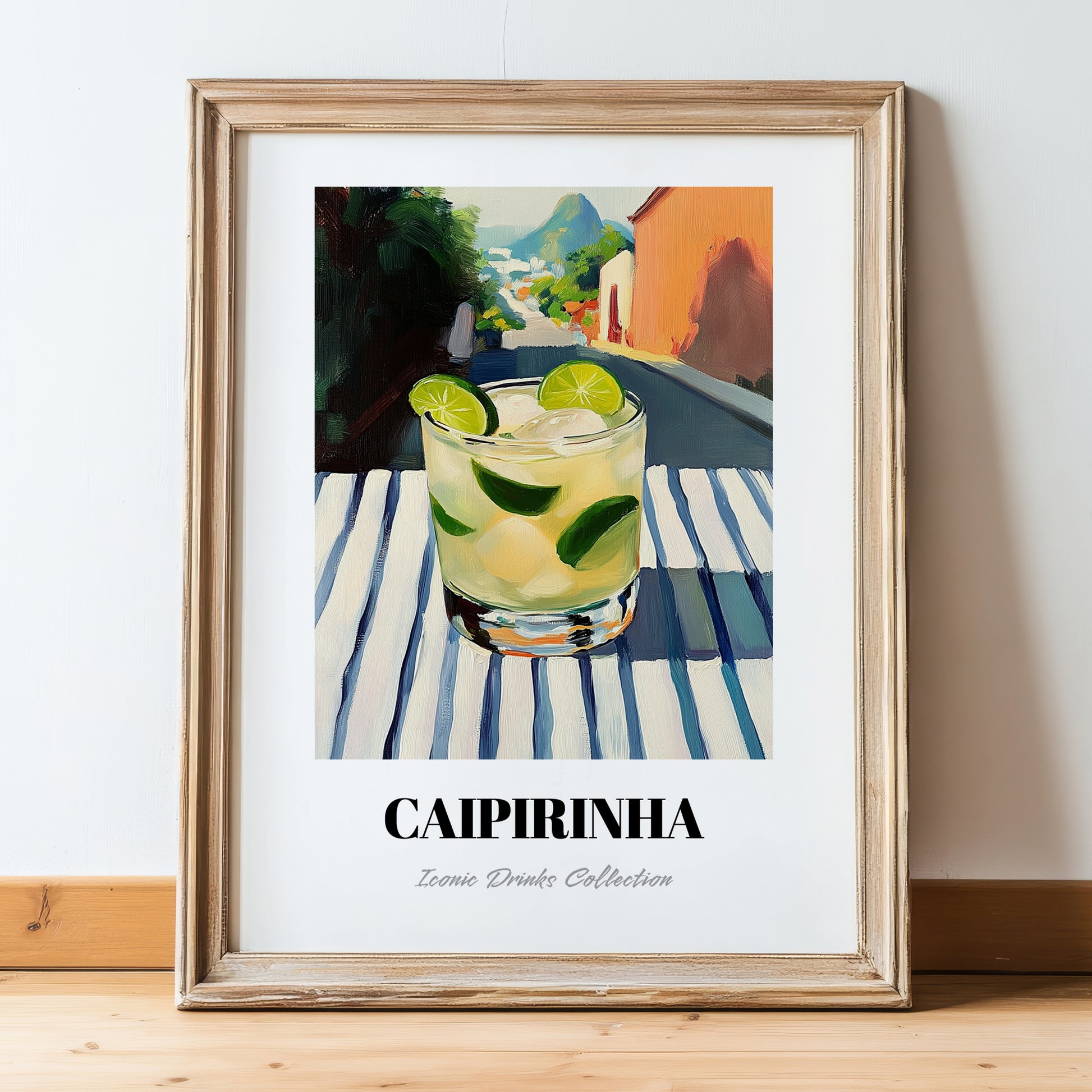 Caipirinha – Brazilian Outdoor Café Scene, Brazilian Cocktail Wall Art, in wooden frame leaning on the floor
