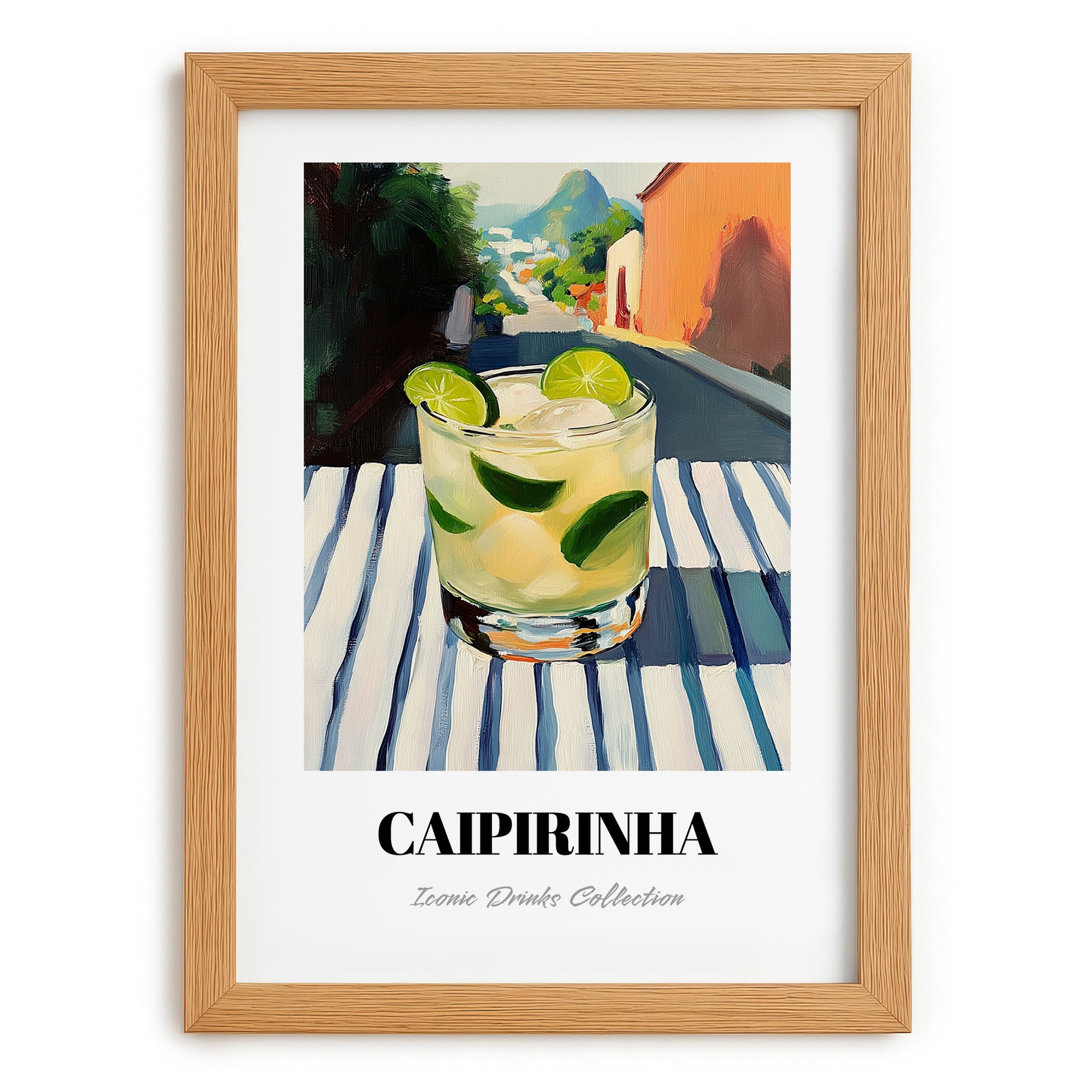 Caipirinha – Brazilian Outdoor Café Scene, Brazilian Cocktail Wall Art, set in oak frame