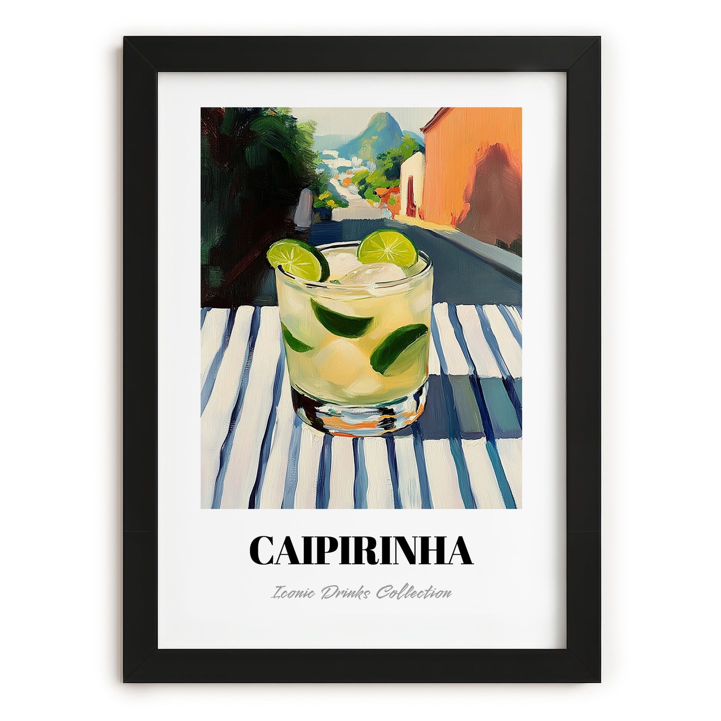 Caipirinha – Brazilian Outdoor Café Scene, Brazilian Cocktail Wall Art, in sleek black frame