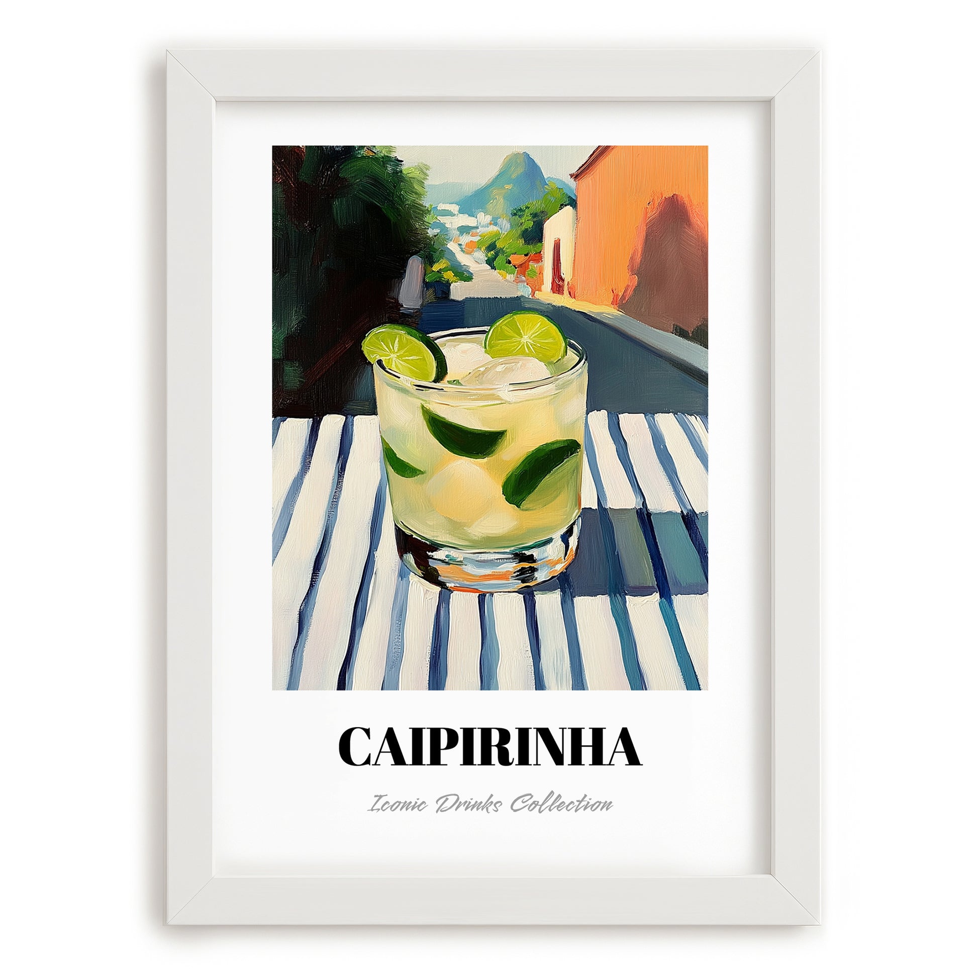 Caipirinha – Brazilian Outdoor Café Scene, Brazilian Cocktail Wall Art, placed in minimal white frame