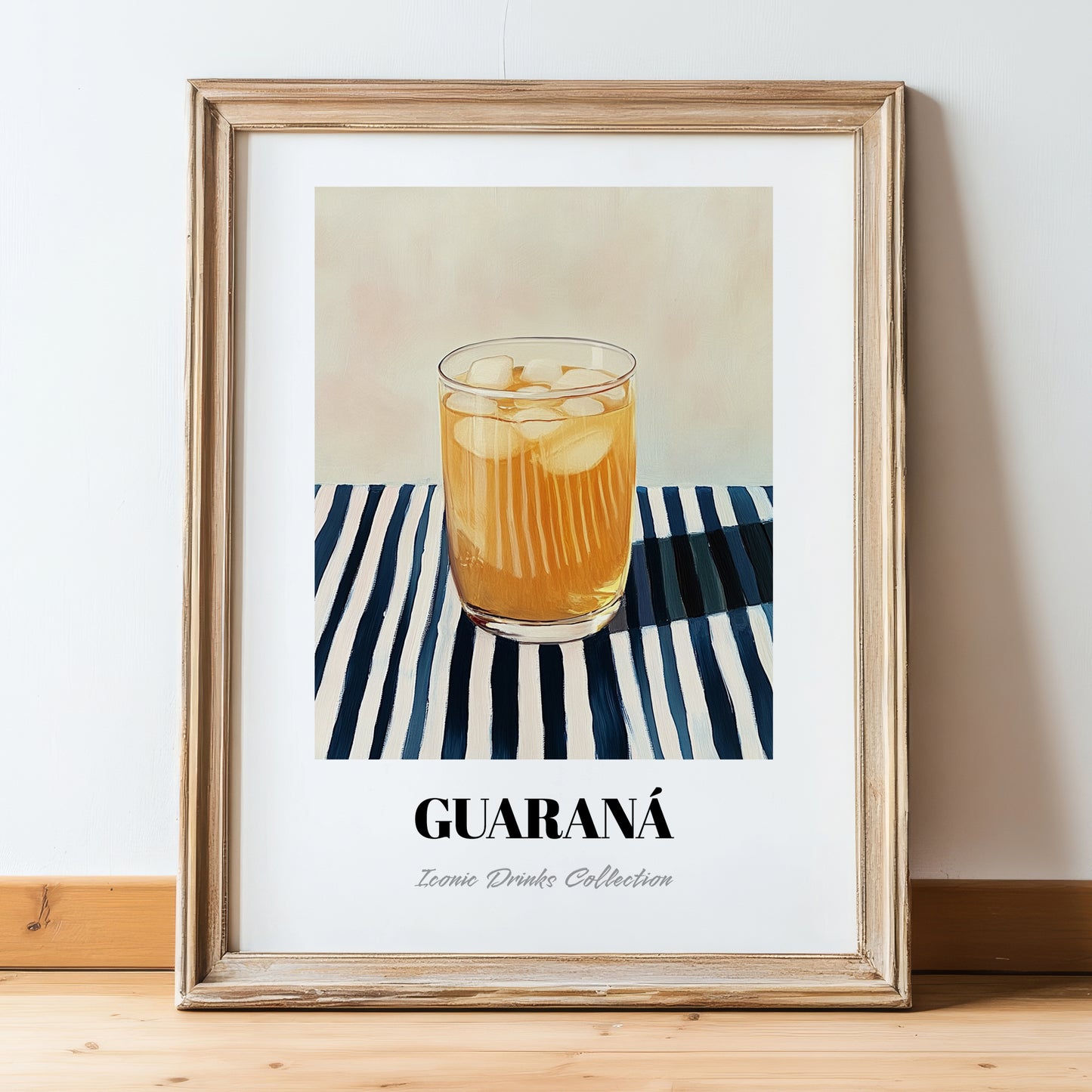 Guaraná – on Striped Tablecloth, Brazilian Cocktail Illustration, in wooden frame leaning on the floor