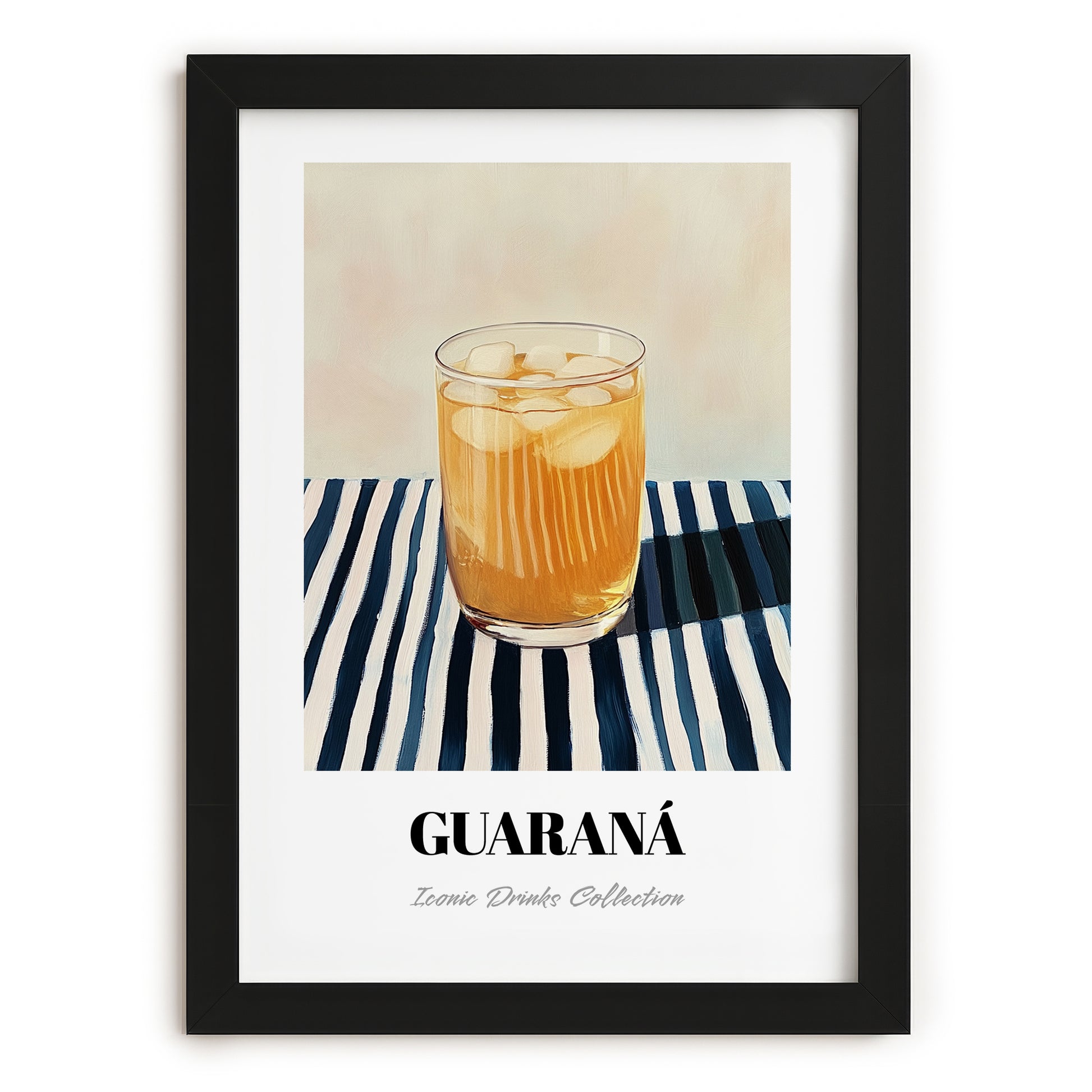 Guaraná – on Striped Tablecloth, Brazilian Cocktail Illustration, in sleek black frame