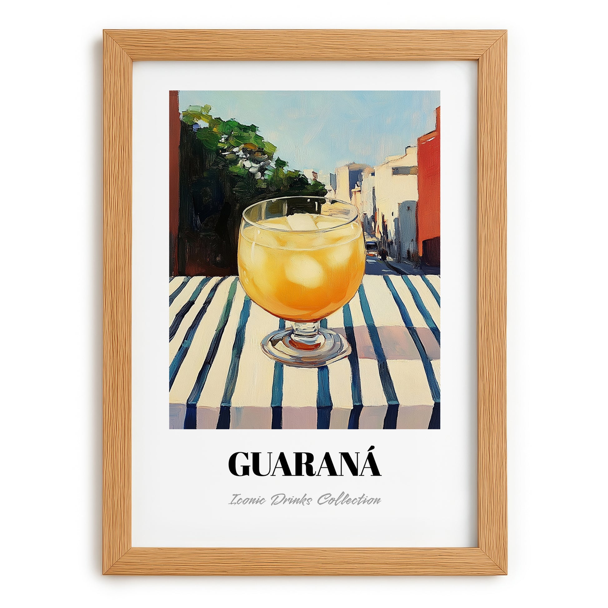 Guaraná – Brazilian Street Café Scene, Brazilian Beverage Wall Decor, set in oak frame