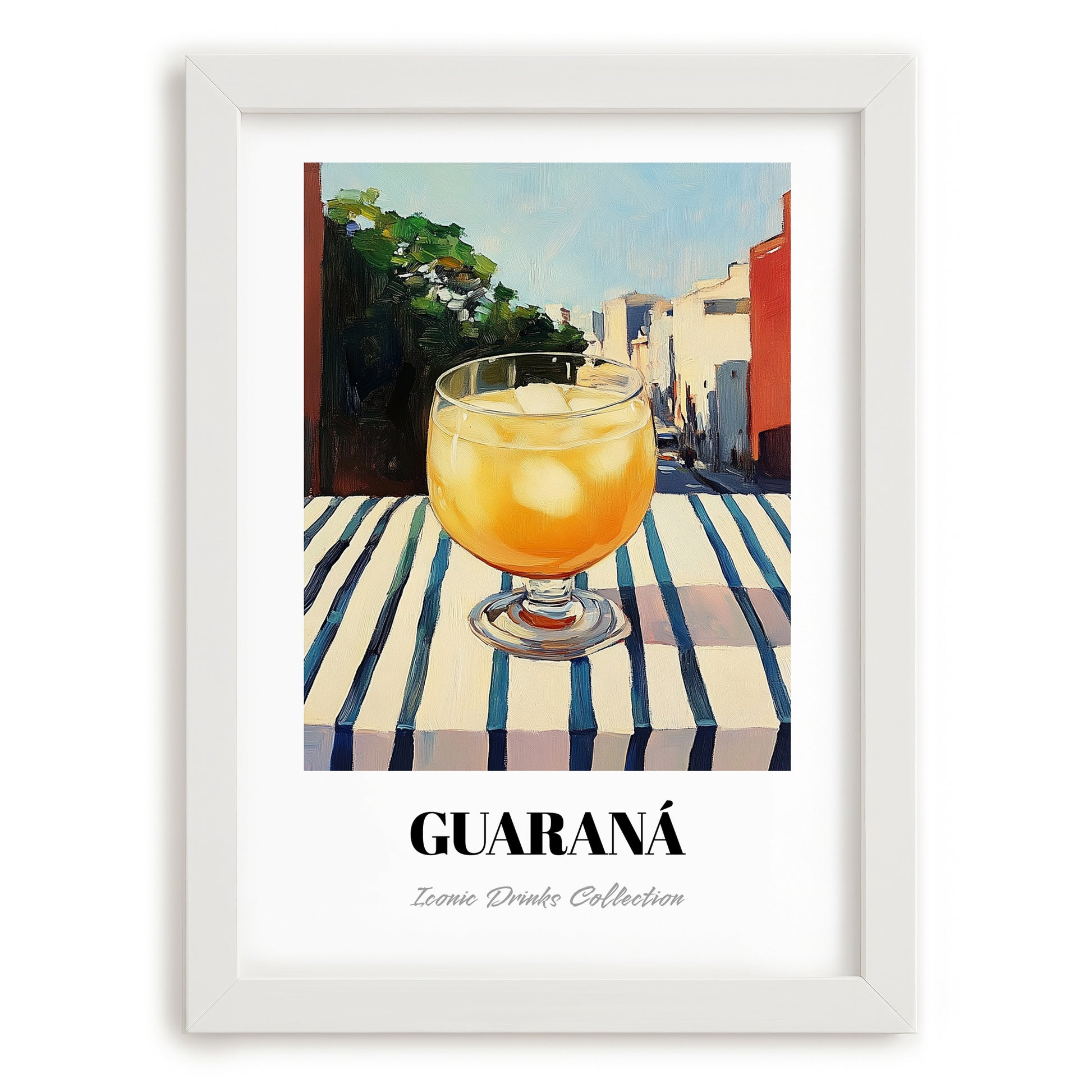 Guaraná – Brazilian Street Café Scene, Brazilian Beverage Wall Decor, placed in minimal white frame