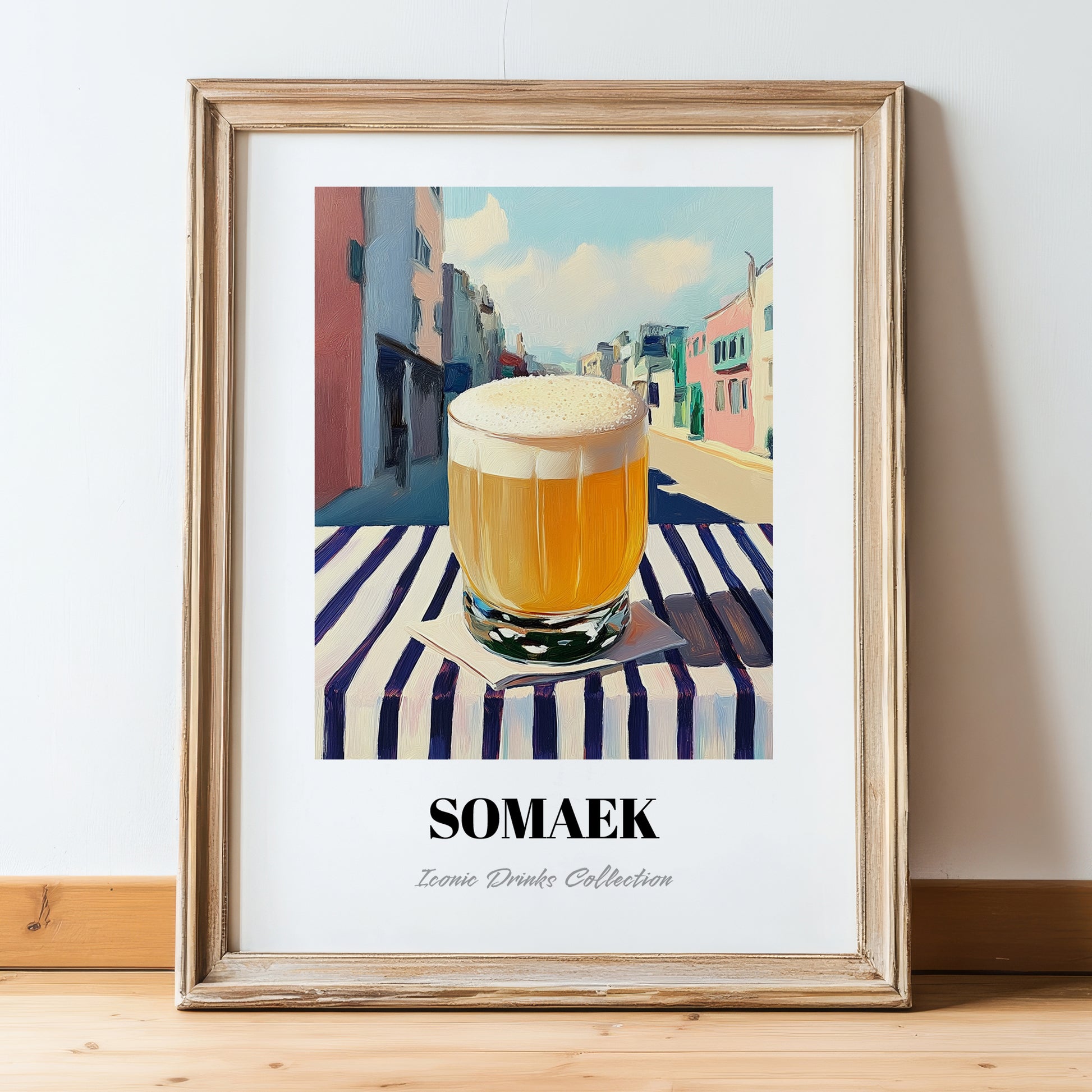 Somaek – Korean Café on the Corner, Korean Spirit Painting, in wooden frame leaning on the floor