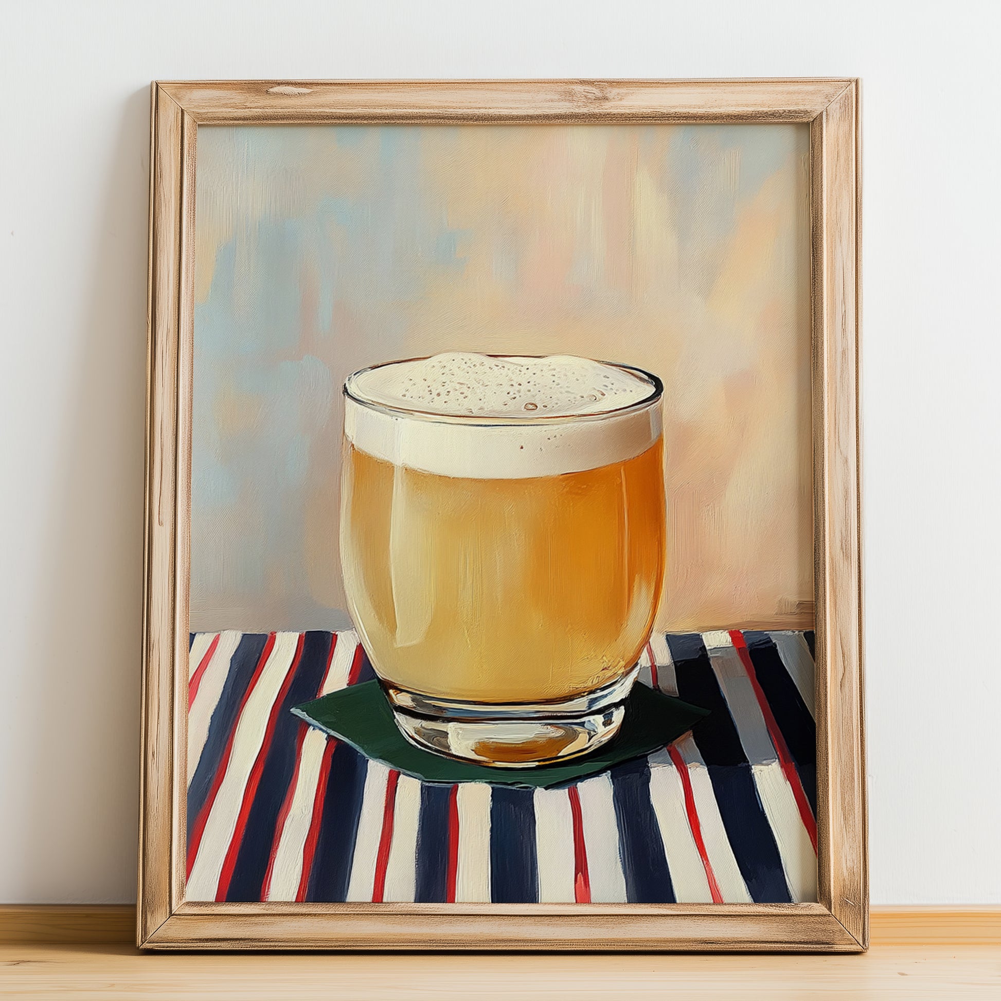 Somaek – on Striped Tablecloth, Korean Cocktail Wall Decor, no-text version framed in wood