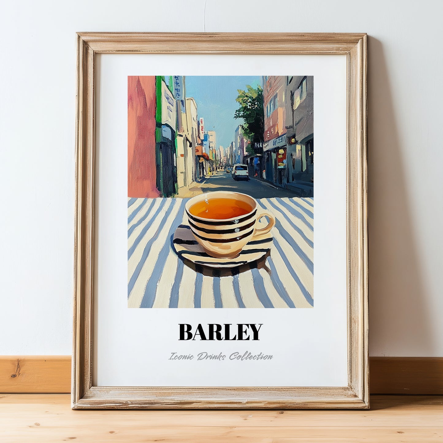 Barley – Korean Café on the Corner, Korean Beer Still Life, in wooden frame leaning on the floor