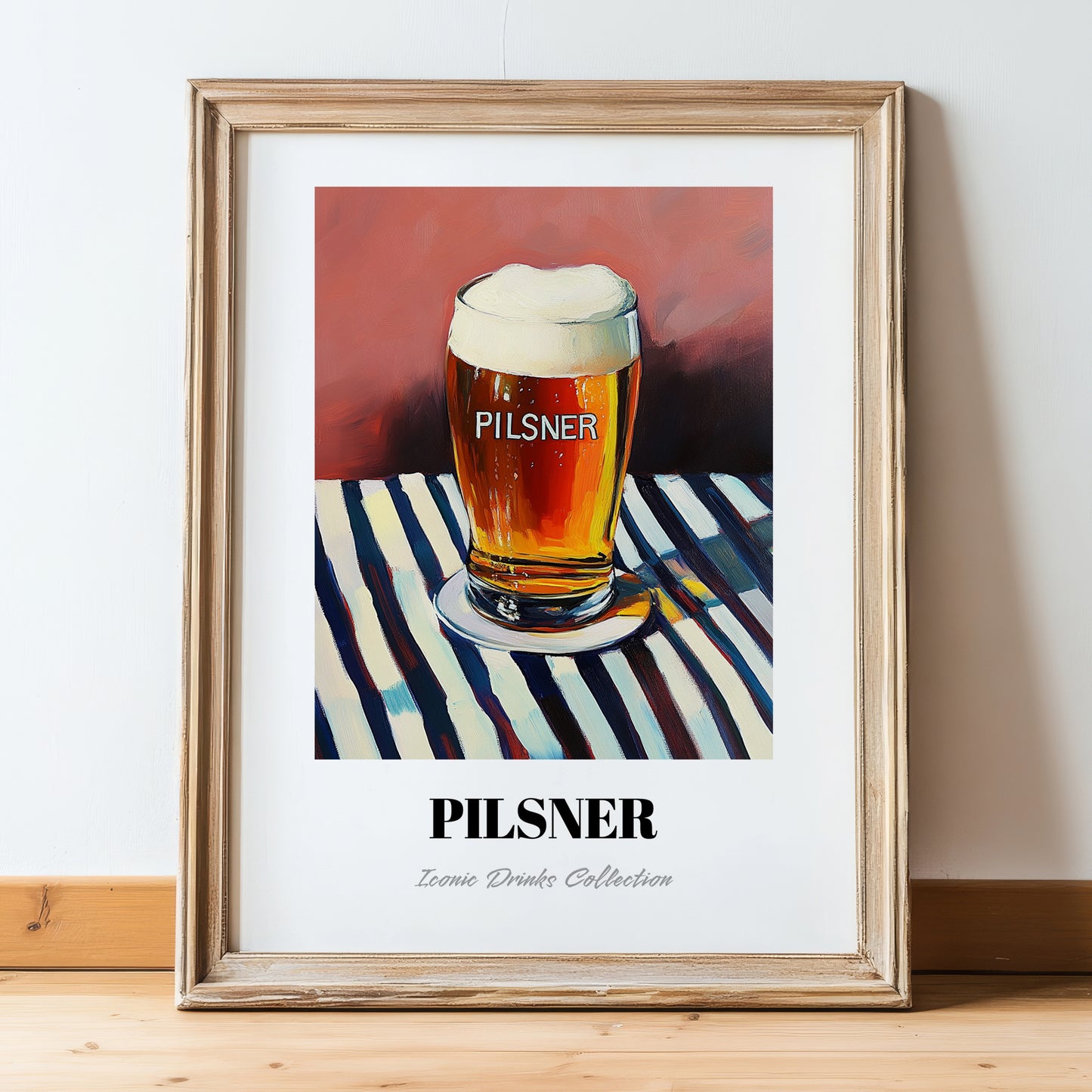 Pilsner – on Striped Tablecloth, Czech Beer Print, in wooden frame leaning on the floor